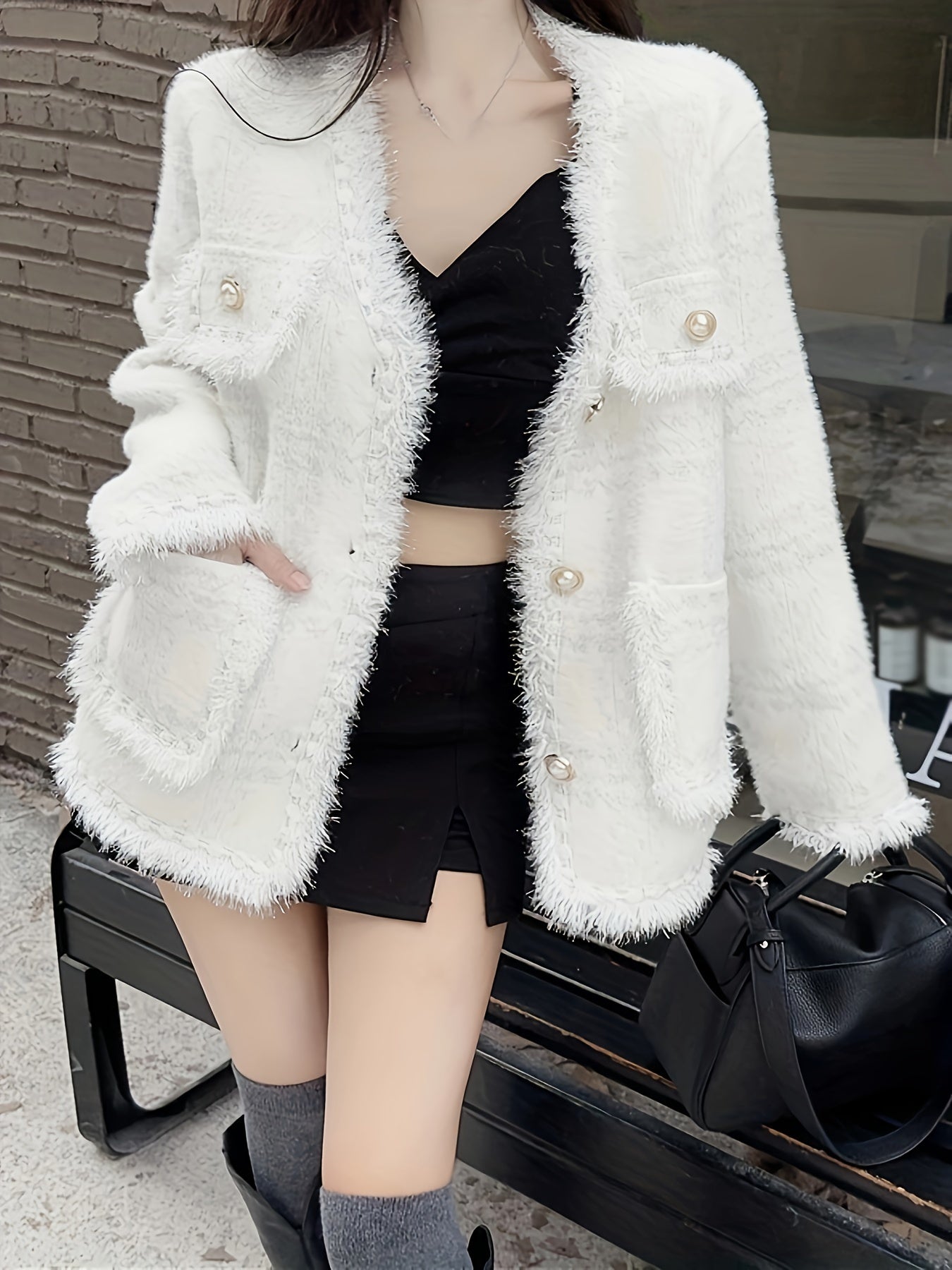 Sixsr Fringe Trim Button Front Coat, Chic Long Sleeve Dual Pockets Cardigan For Fall & Winter, Women's Clothing