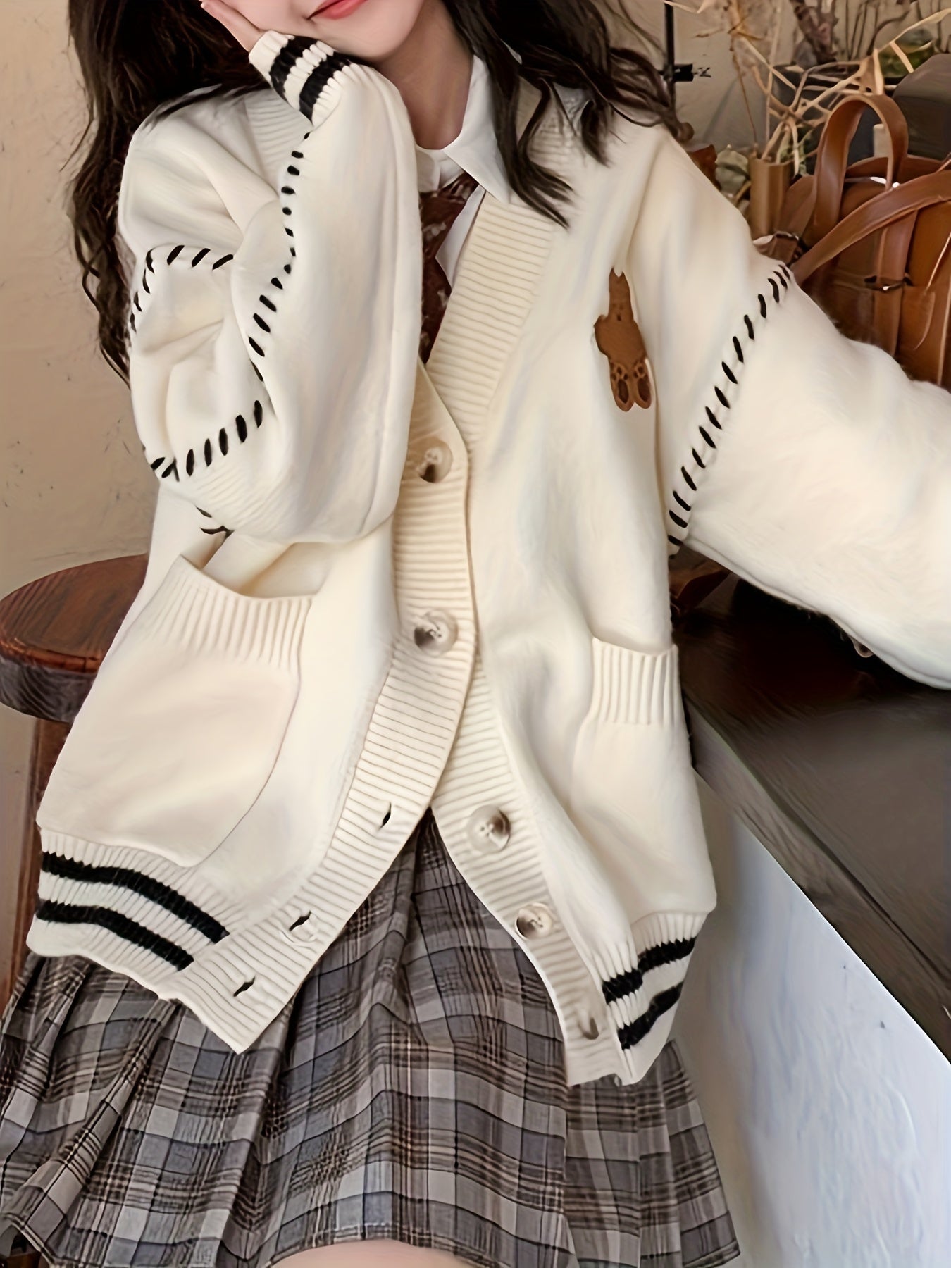 Sixsr Cartoon Bear Embroidered Knit Cardigan, Elegant V Neck Button Front Long Sleeve Sweater, Women's Clothing