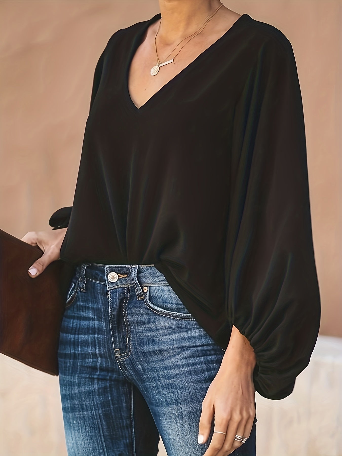 Sixsr Plus Size Casual Top, Women's Plus Solid Lantern Sleeve V Neck Non-stretch Loose Fit Top