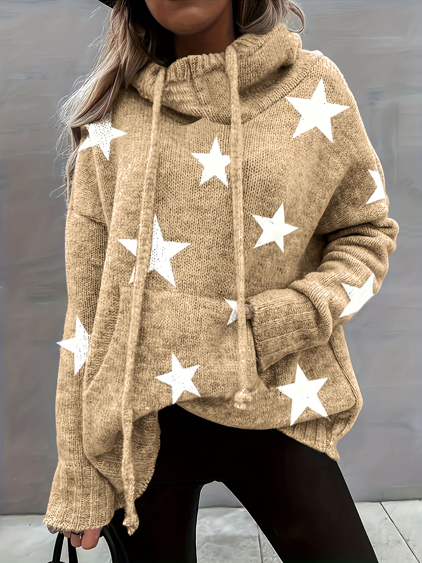 Sixsr Plus Size Casual Sweater, Women's Plus Star Print Long Sleeve Drawstring Hoodie Sweater With Pockets