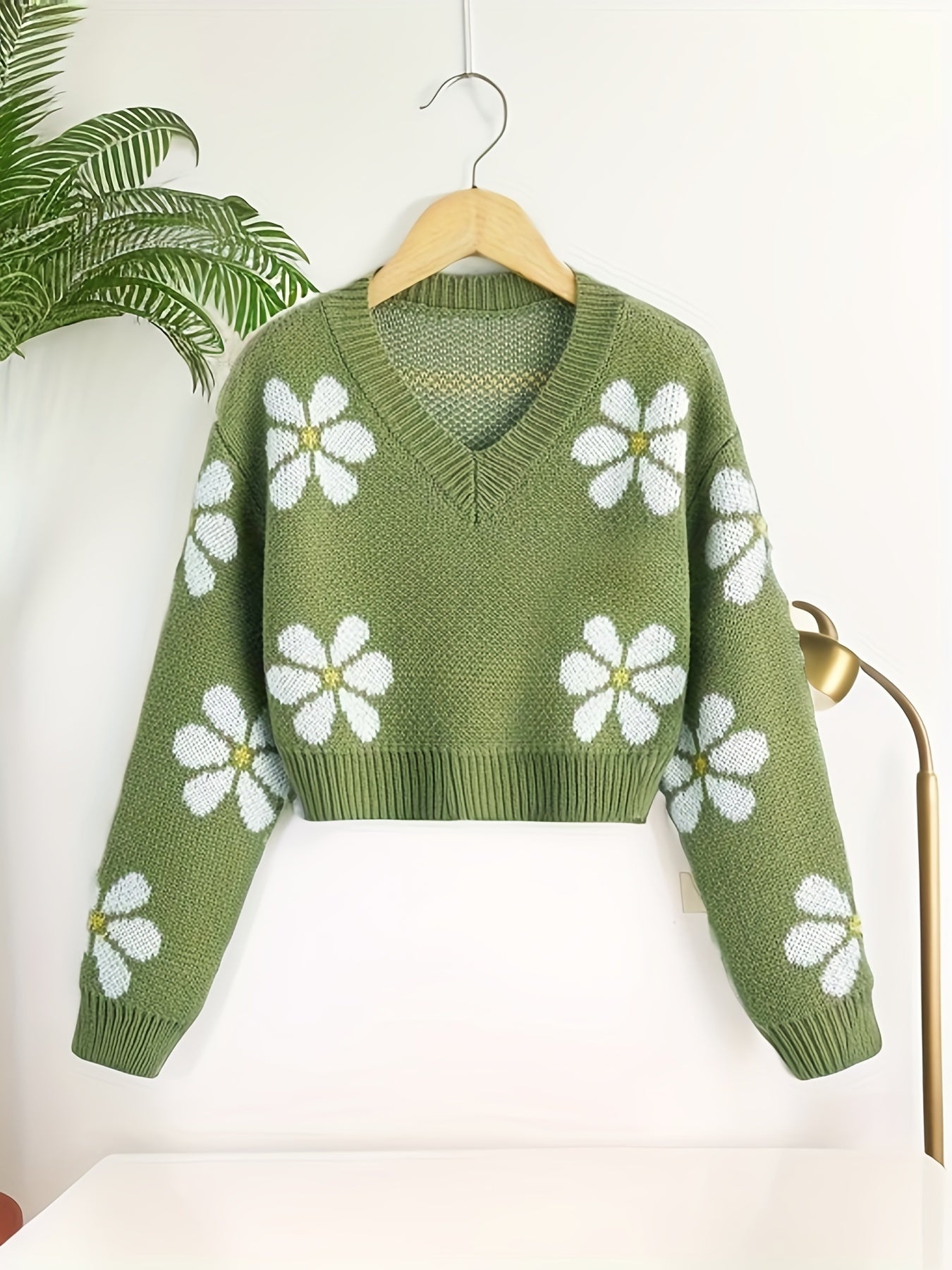 Sixsr Floral Jacquard Girls Drop Shoulder V-neck Knitted Sweater For Fall Winter