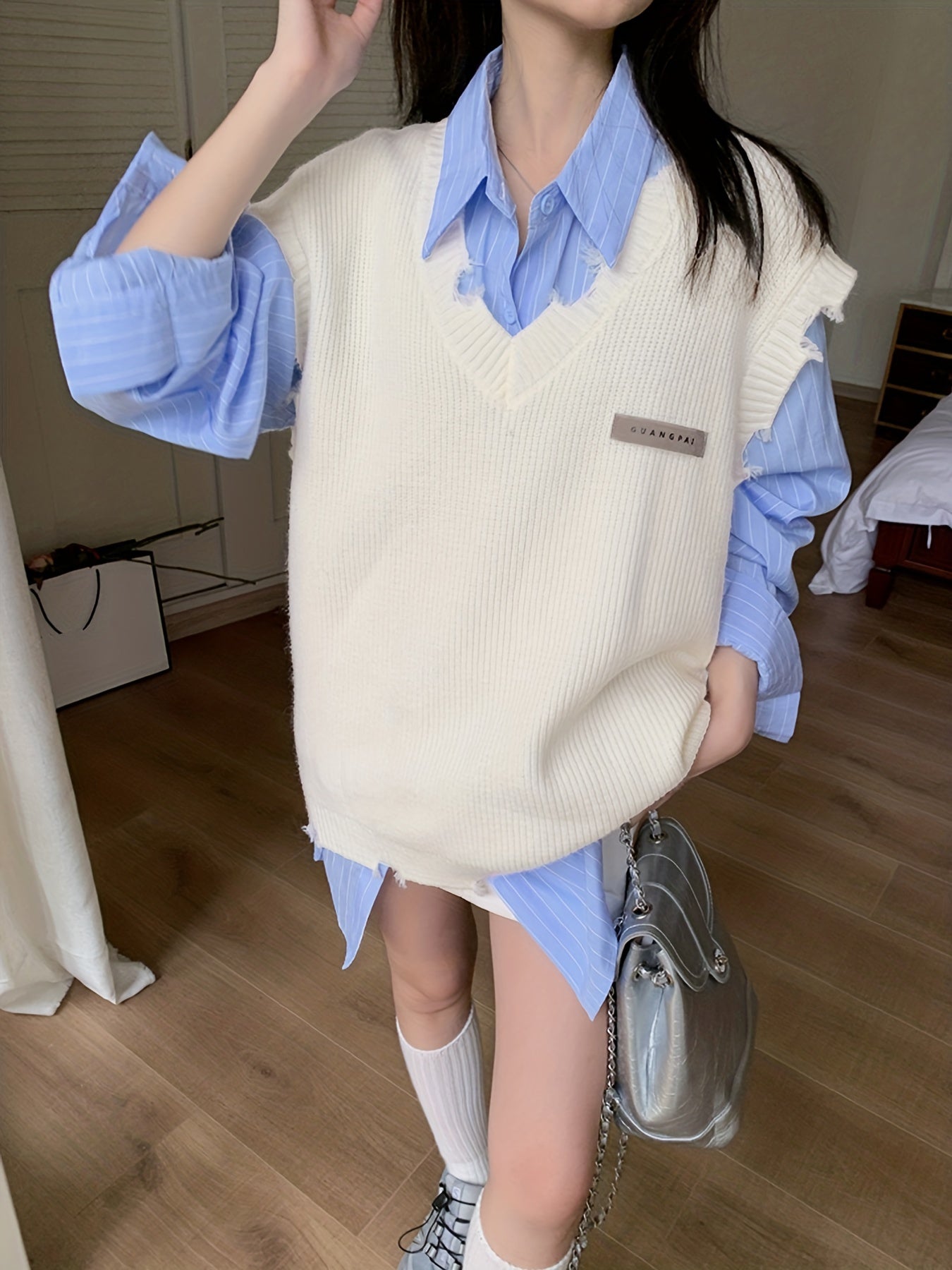 Sixsr Oversized Ripped V Neck Sweater Vest, Casual Sleeveless Ram Hem Sweater, Women's Clothing