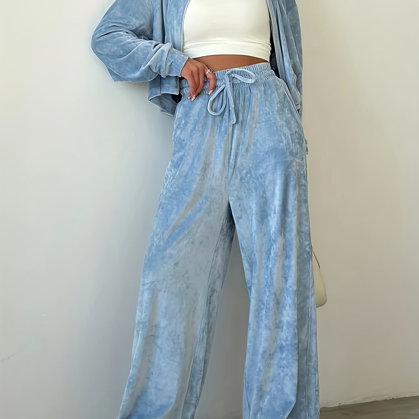 Sixsr Casual Solid Print Two-piece Set, Zip Front Long Sleeve Jacket & Drawstring Elastic Waist Pants Outfits, Women's Clothing
