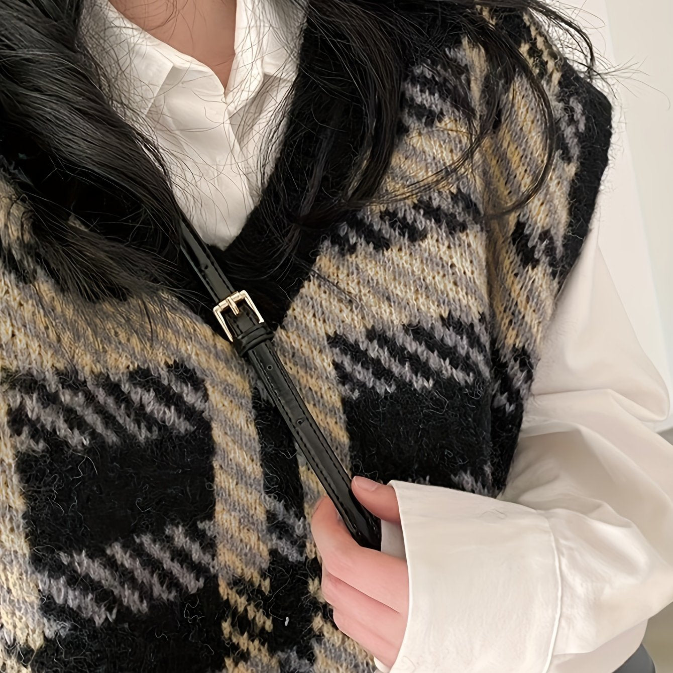 Sixsr Plaid Pattern V Neck Knit Vest, Vintage Long Sleeve Loose Sweater Vest, Women's Clothing