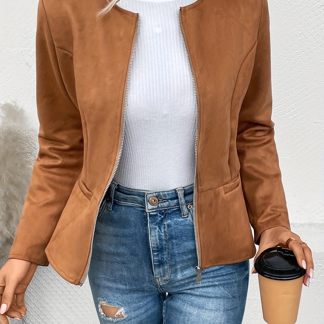 Sixsr Solid Zip Up Jacket, Casual Long Sleeve Crew Neck Outerwear For Spring & Fall, Women's Clothing