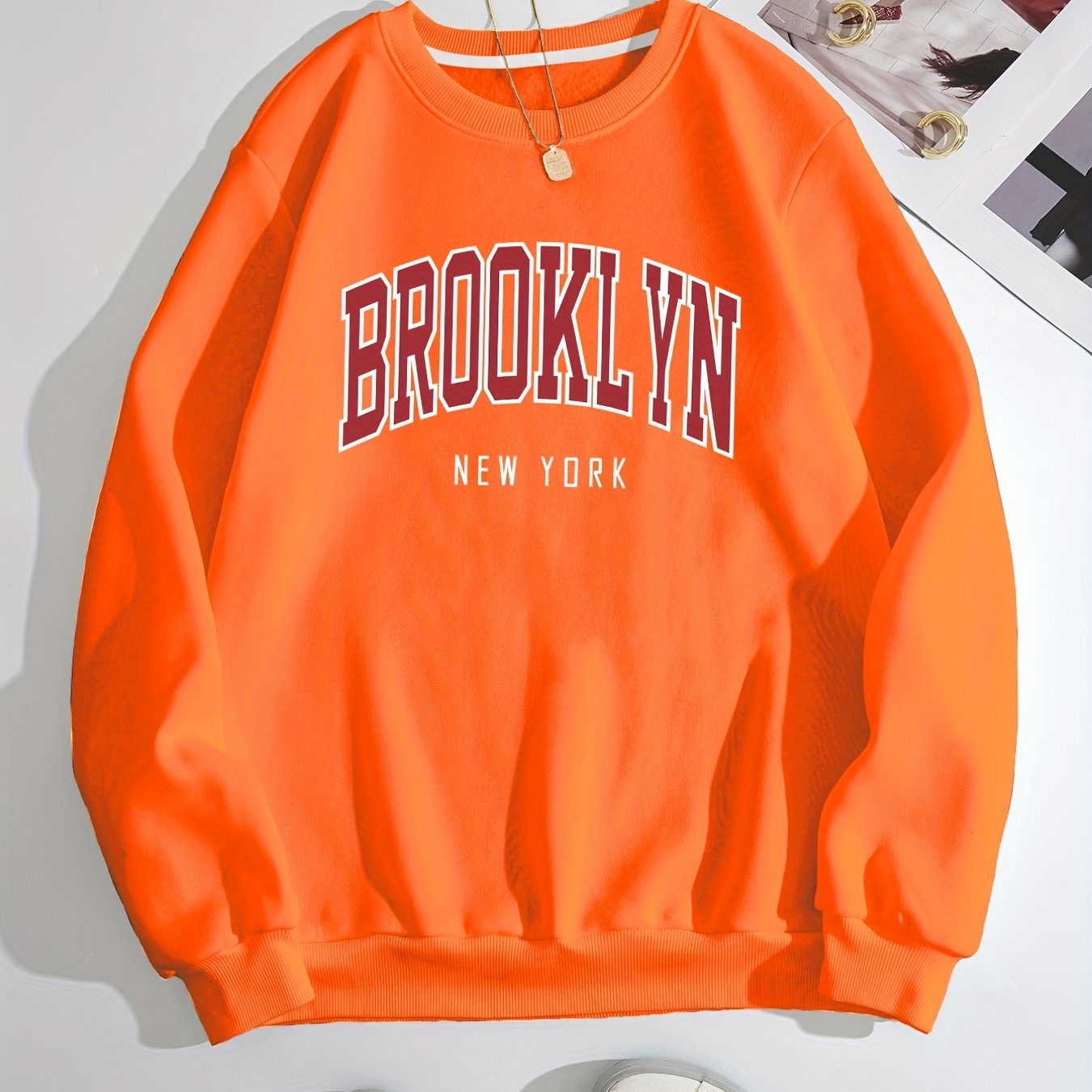 Sixsr Brooklyn Print Solid Pullover, Crew Neck Long Sleeve Casual Sweatshirt, Women's Clothing