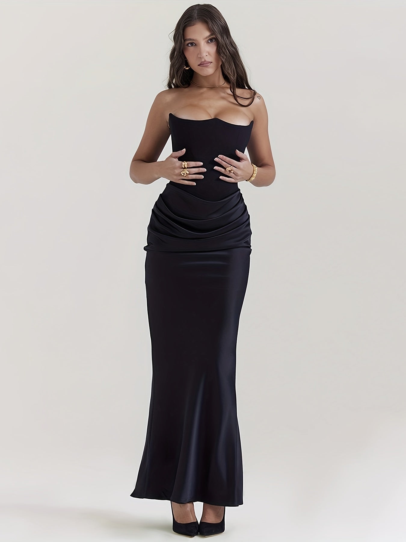 Sixsr Solid Natural Waist Fit Dress, Stylish Strapless Ruched Mermaid Dress, Women's Clothing