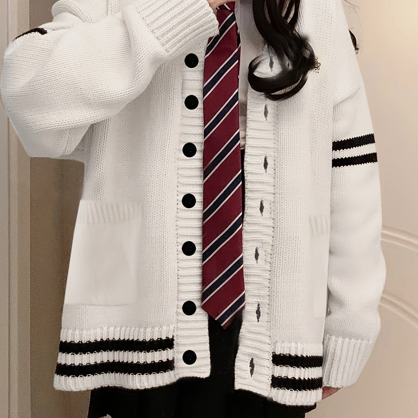 Sixsr Bee Embroidered Striped Cardigan, Casual Long Sleeve Cardigan For Fall & Winter, Women's Clothing
