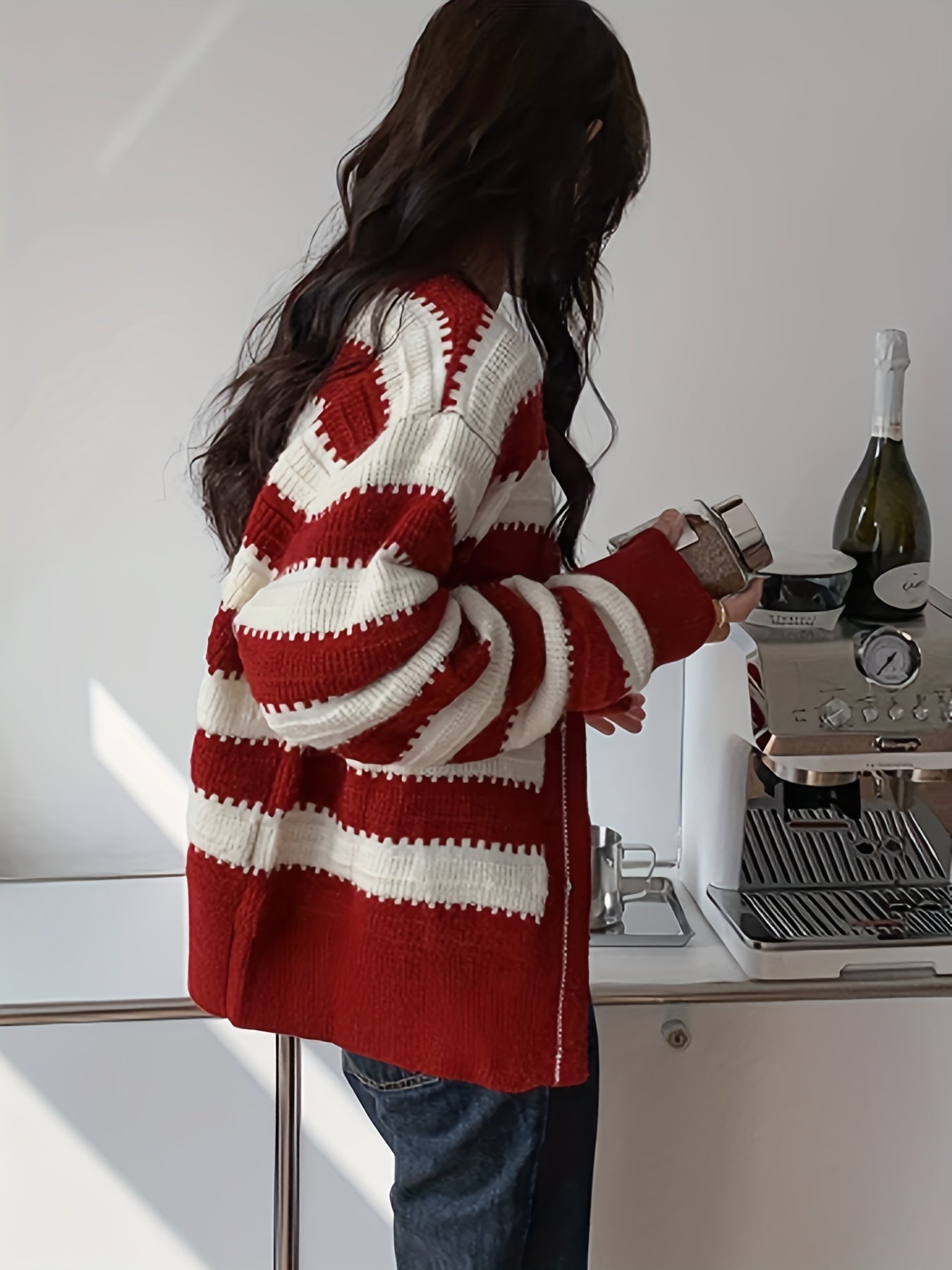 Sixsr Striped Pattern Button Front Cardigan, Vintage Long Sleeve Drop Shoulder Outwear, Women's Clothing