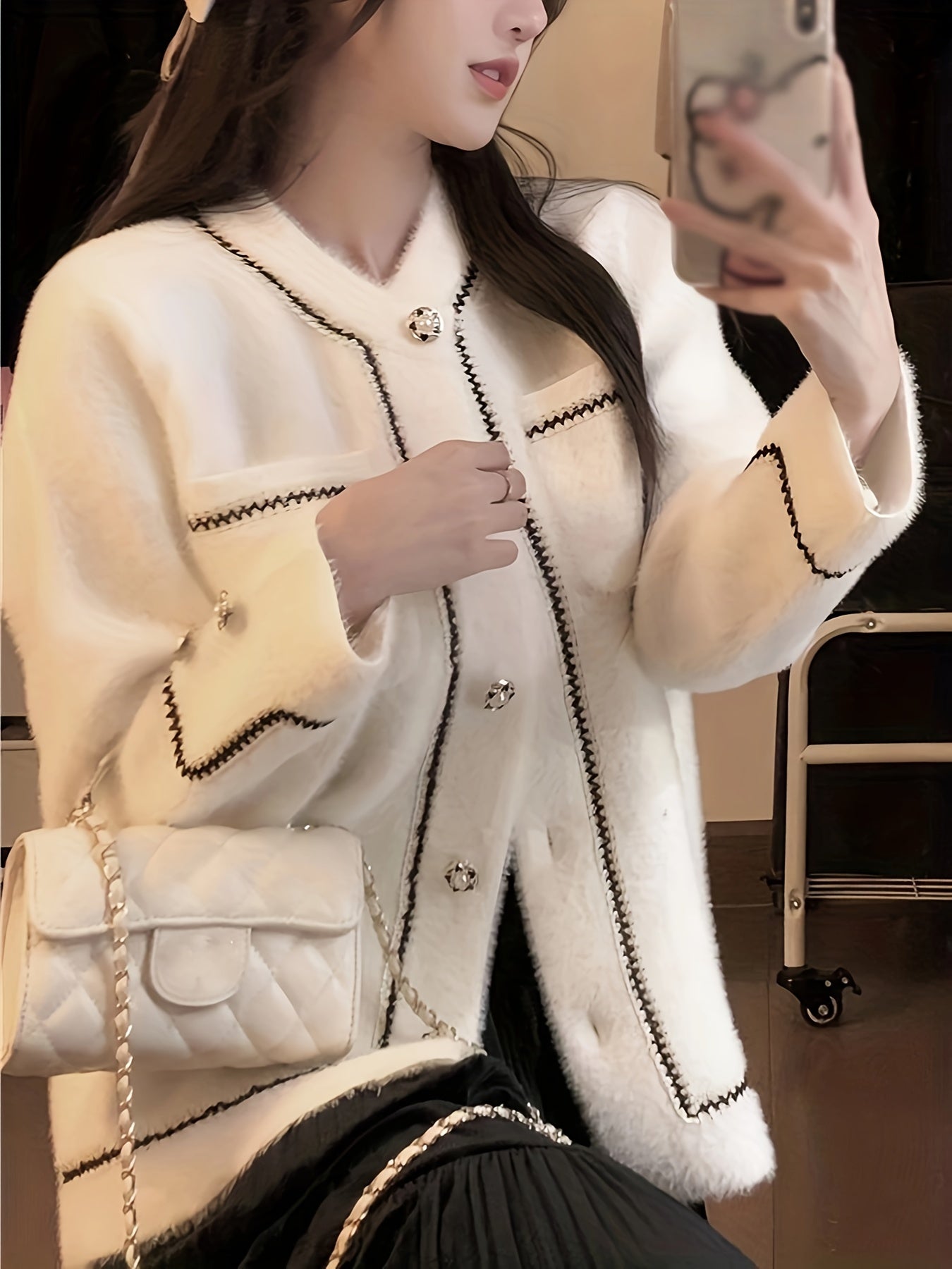 Sixsr Contrast Trim Button Front Cardigan, Chic Long Sleeve Cardigan, Women's Clothing