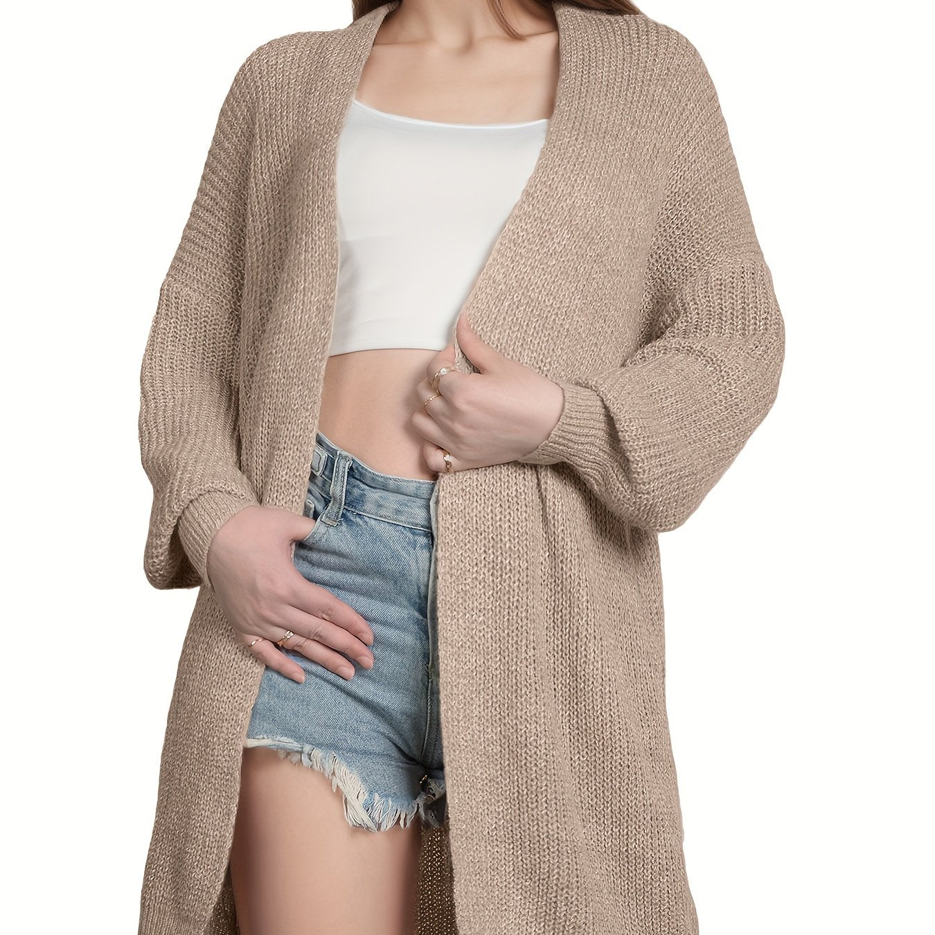Sixsr Drop Shoulder Mid Length Knit Cardigan, Casual Open Front Long Sleeve Sweater, Women's Clothing