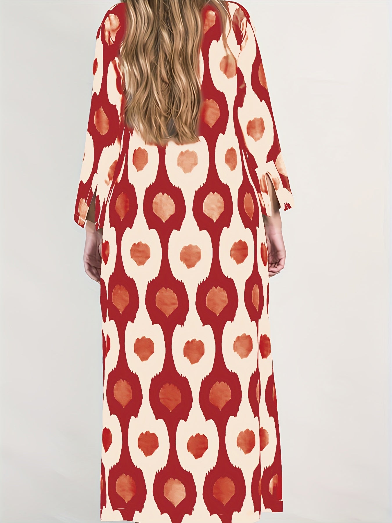 Sixsr Graphic Print Split Dress, Vintage V Neck Long Sleeve Maxi Dress, Women's Clothing