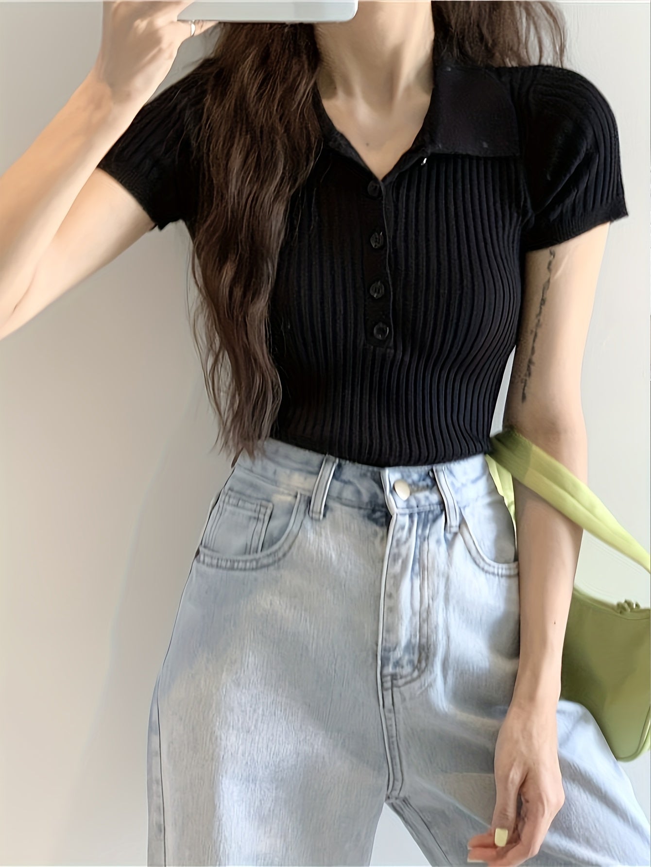 Sixsr Button Front V Neck Knit Sweater, Elegant Short Sleeve Slim Summer Knit Sweater, Women's Clothing