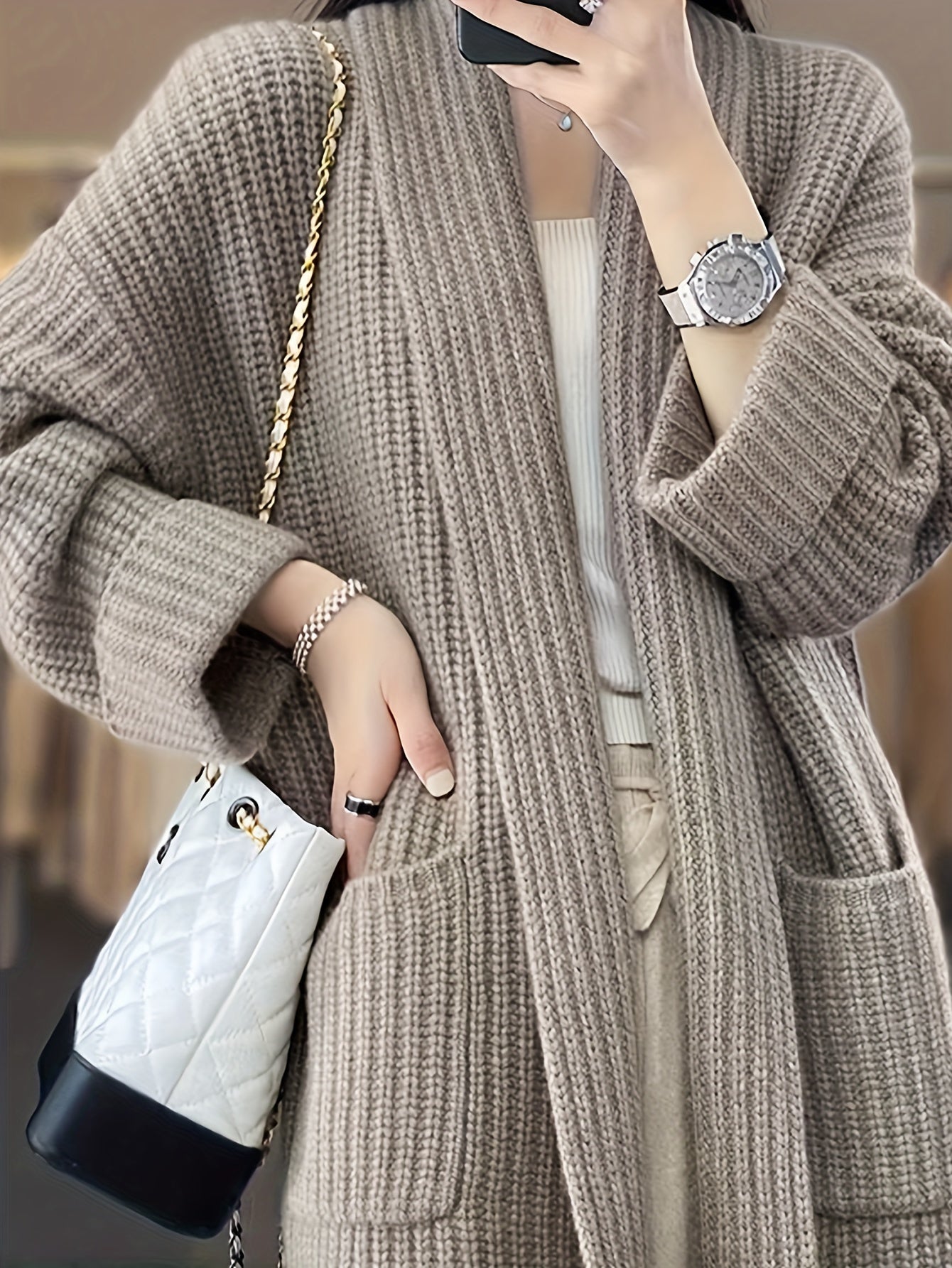 Sixsr Solid Open Front Knit Cardigan, Casual Long Sleeve Oversized Sweater Coat With Pocket, Women's Clothing