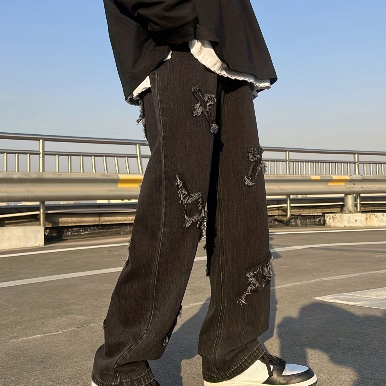 Sixsr Men's Embroidery Wide Leg Denim Jeans