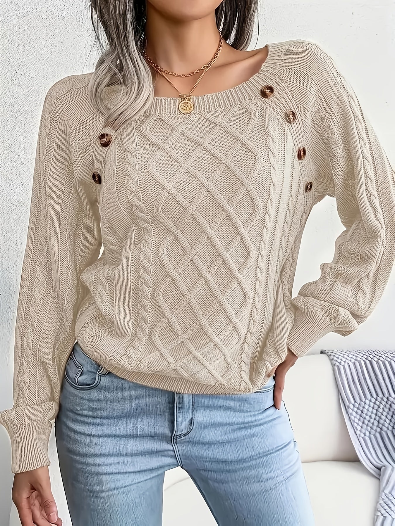 Sixsr Plus Size Casual Sweater, Women's Plus Solid Jacquard Lantern Sleeve Boat Neck Pullover Sweater