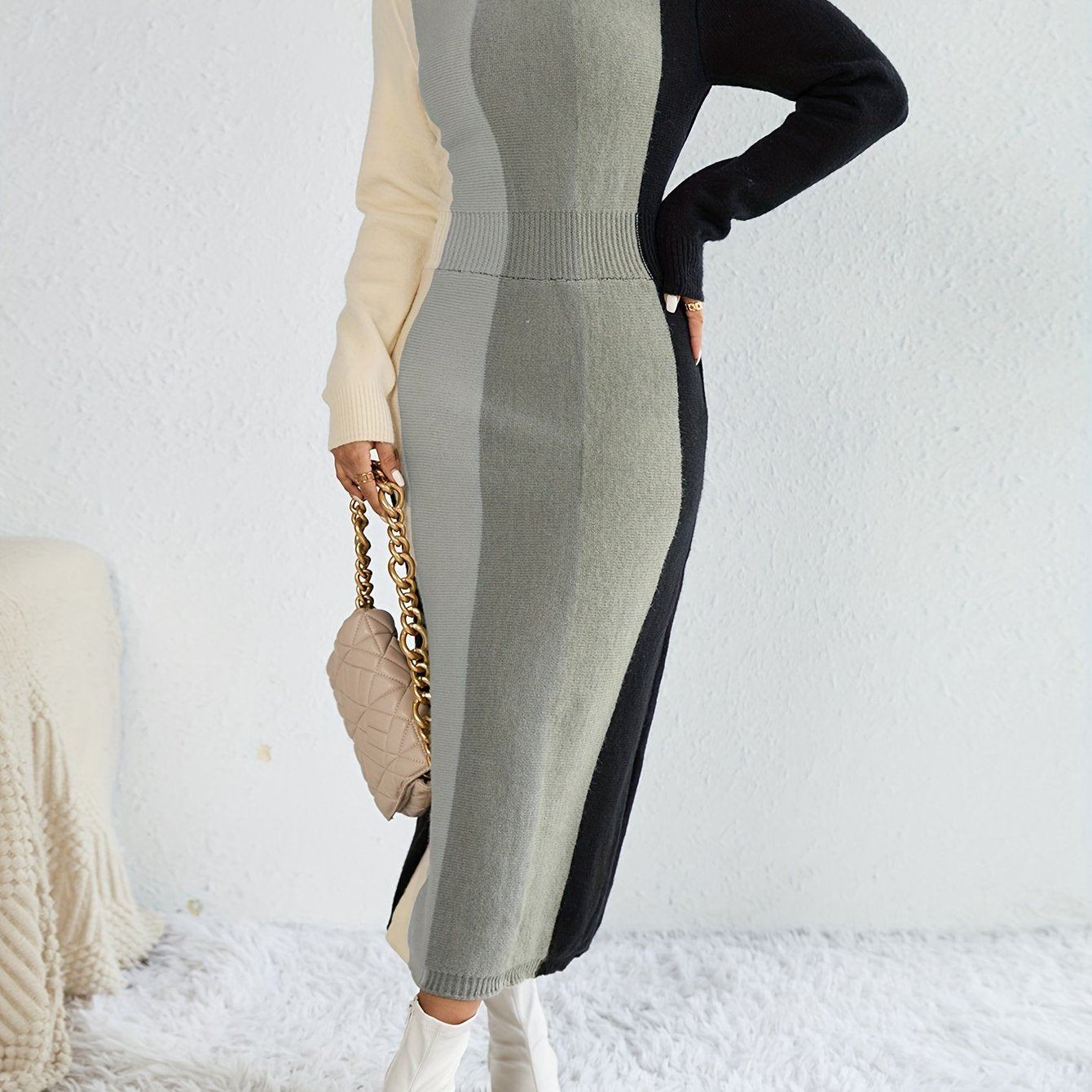Sixsr Color Block Rib Knit Dress, Casual High Neck Long Sleeve Midi Dress, Women's Clothing
