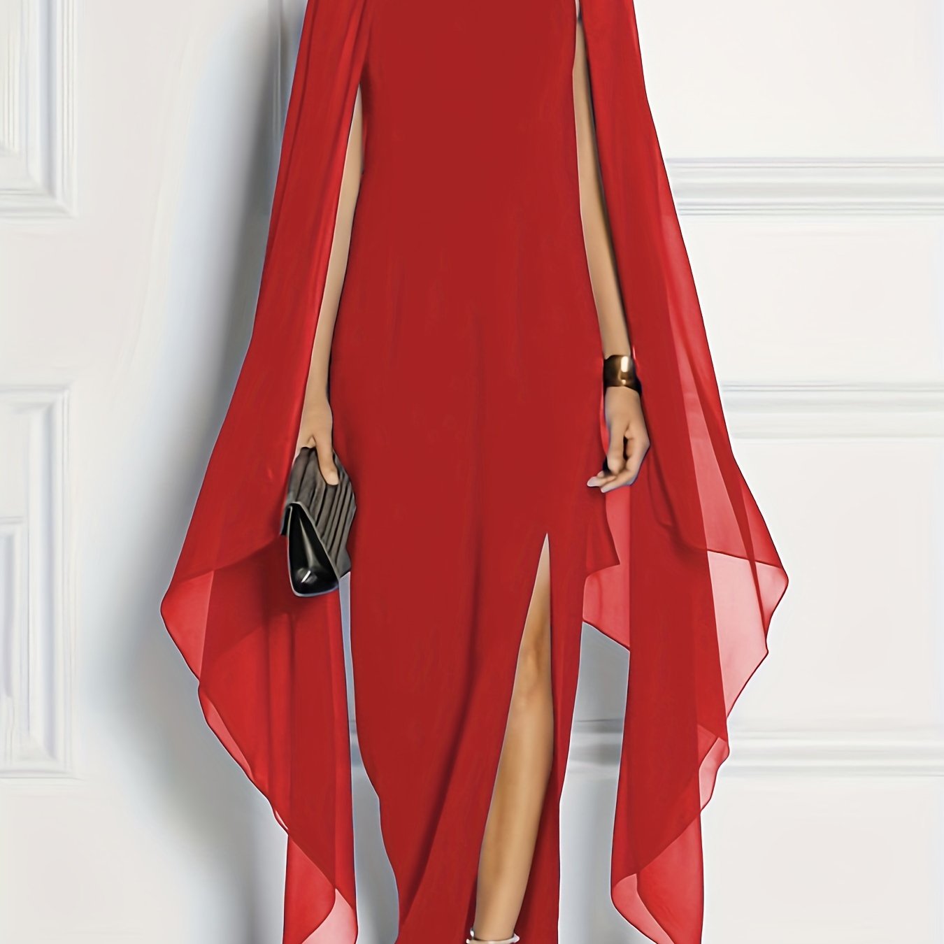 Sixsr Plus Size Elegant Bridesmaid Dress, Women's Plus High Split Flare Sleeve Slight Stretch Maxi Formal Dress With Cape