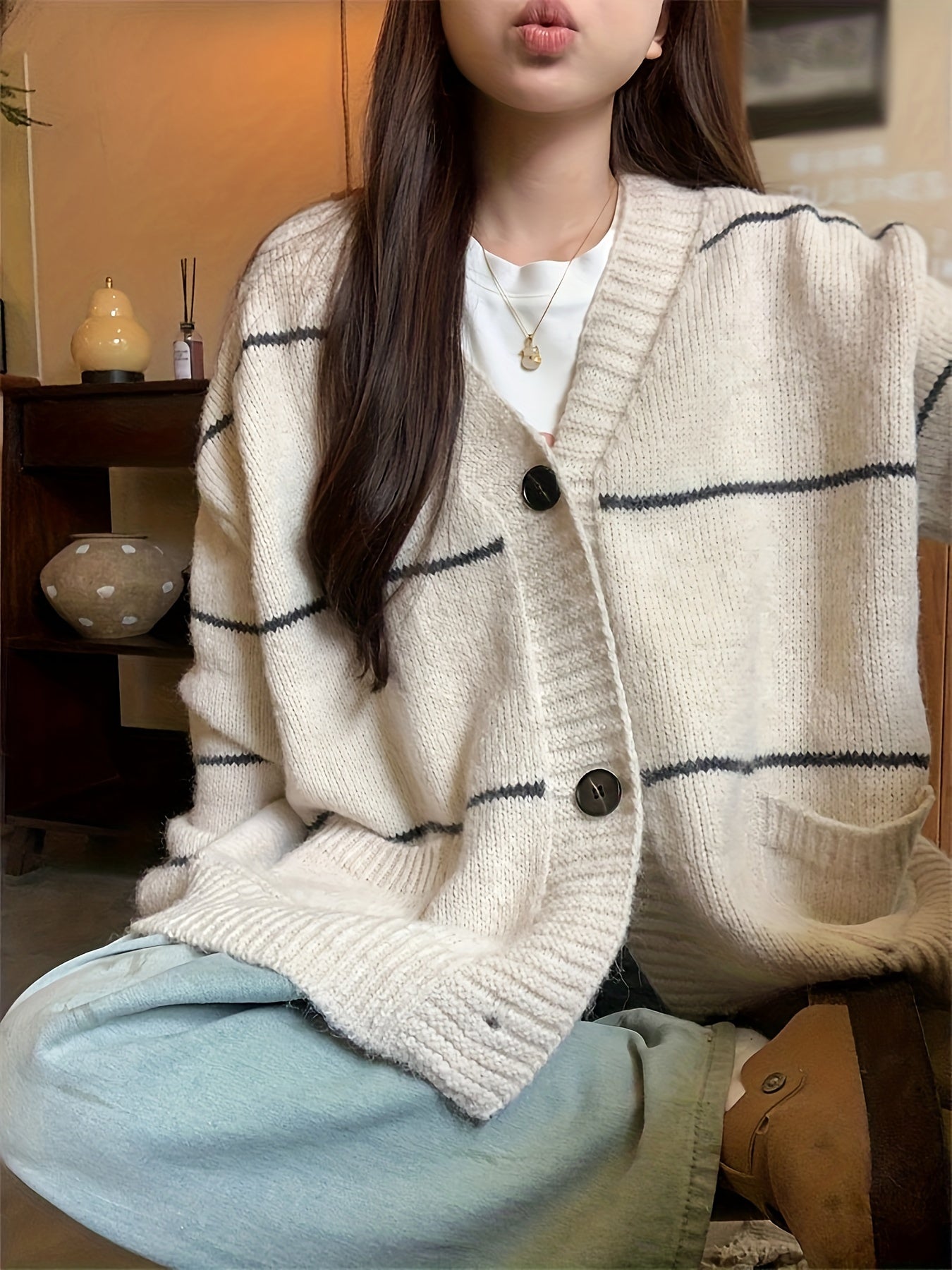 Sixsr Striped Button Front Cardigan, Casual Long Sleeve Drop Shoulder Outwear, Women's Clothing
