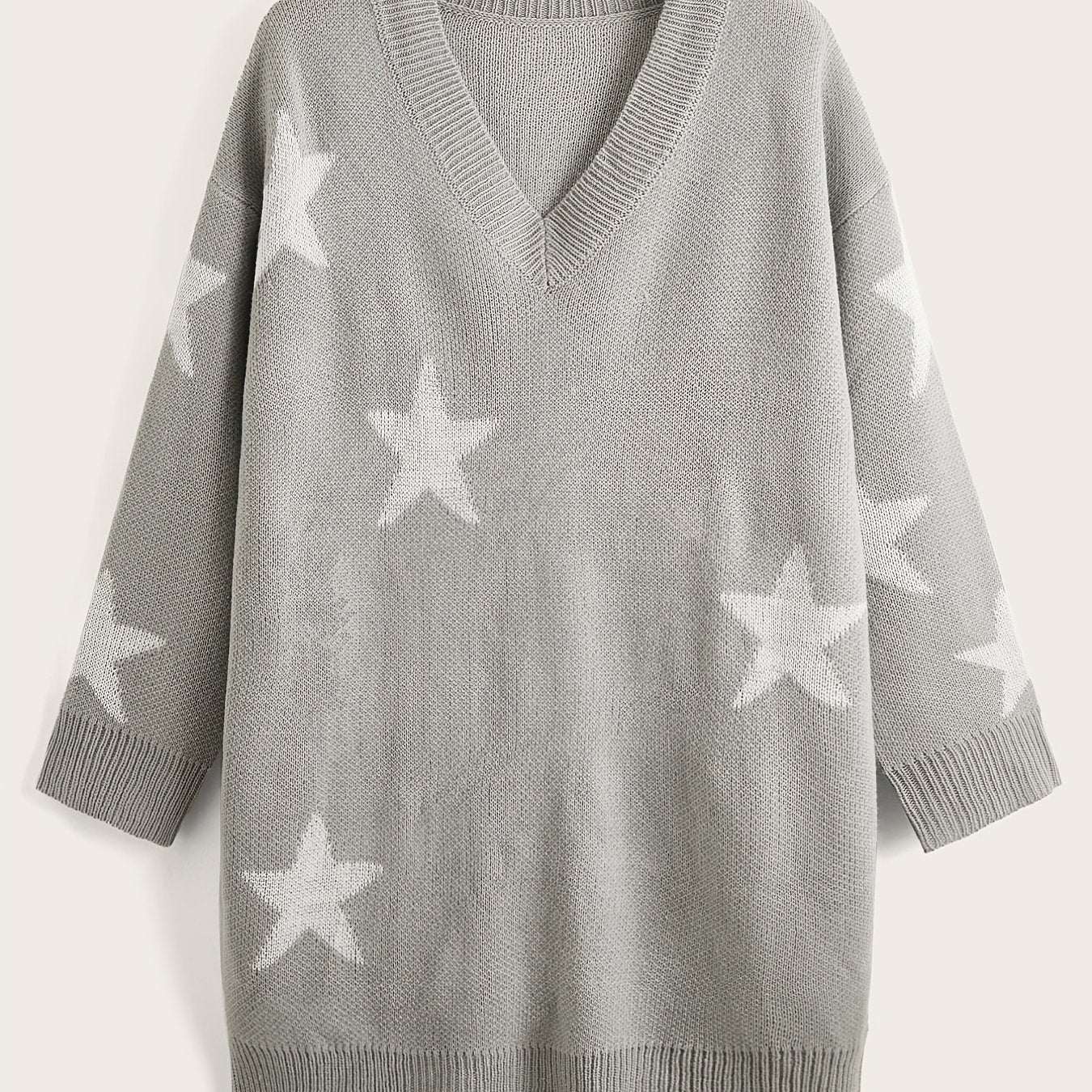 Sixsr Stars Print Sweater Dress, Casual V Neck Long Sleeve Mini Dress, Women's Clothing