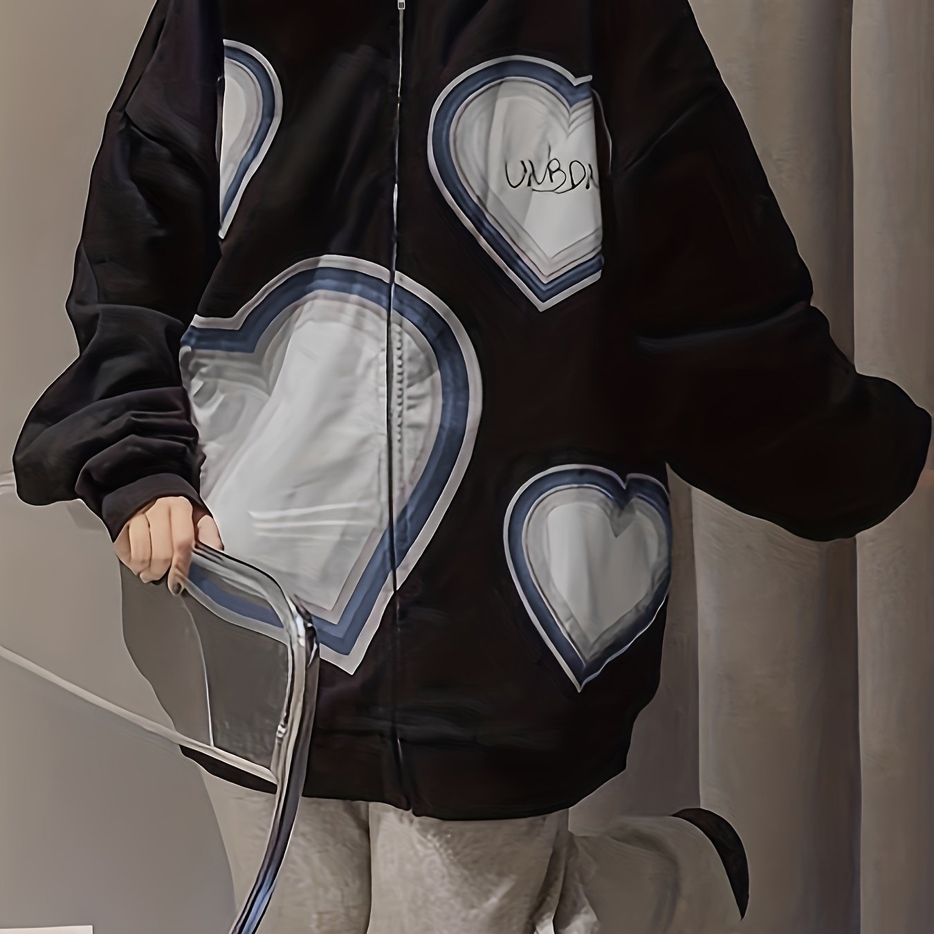 Sixsr Heart Print Zip Up Drawstring Hoodie, Y2K Long Sleeve Drop Shoulder Hoodie, Women's Clothing