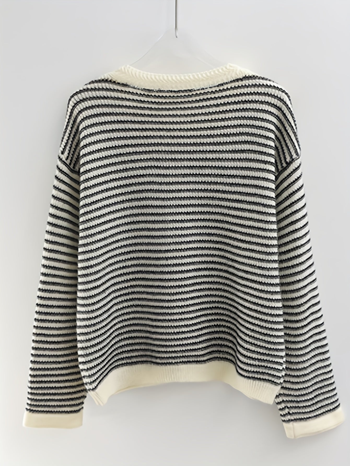 Sixsr Striped Button Down Knit Cardigan, Casual Long Sleeve Crew Neck Sweater, Women's Clothing