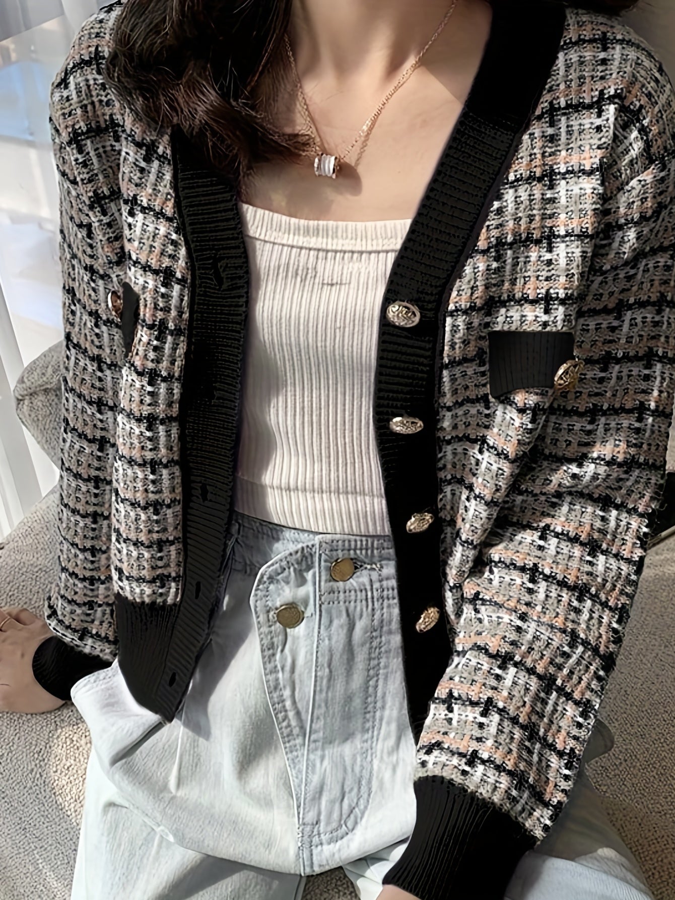 Sixsr Plaid Pattern V Neck Button Up Cardigan, Casual Long Sleeve Fake Pockets Cardigan For Spring & Fall, Women's Clothing