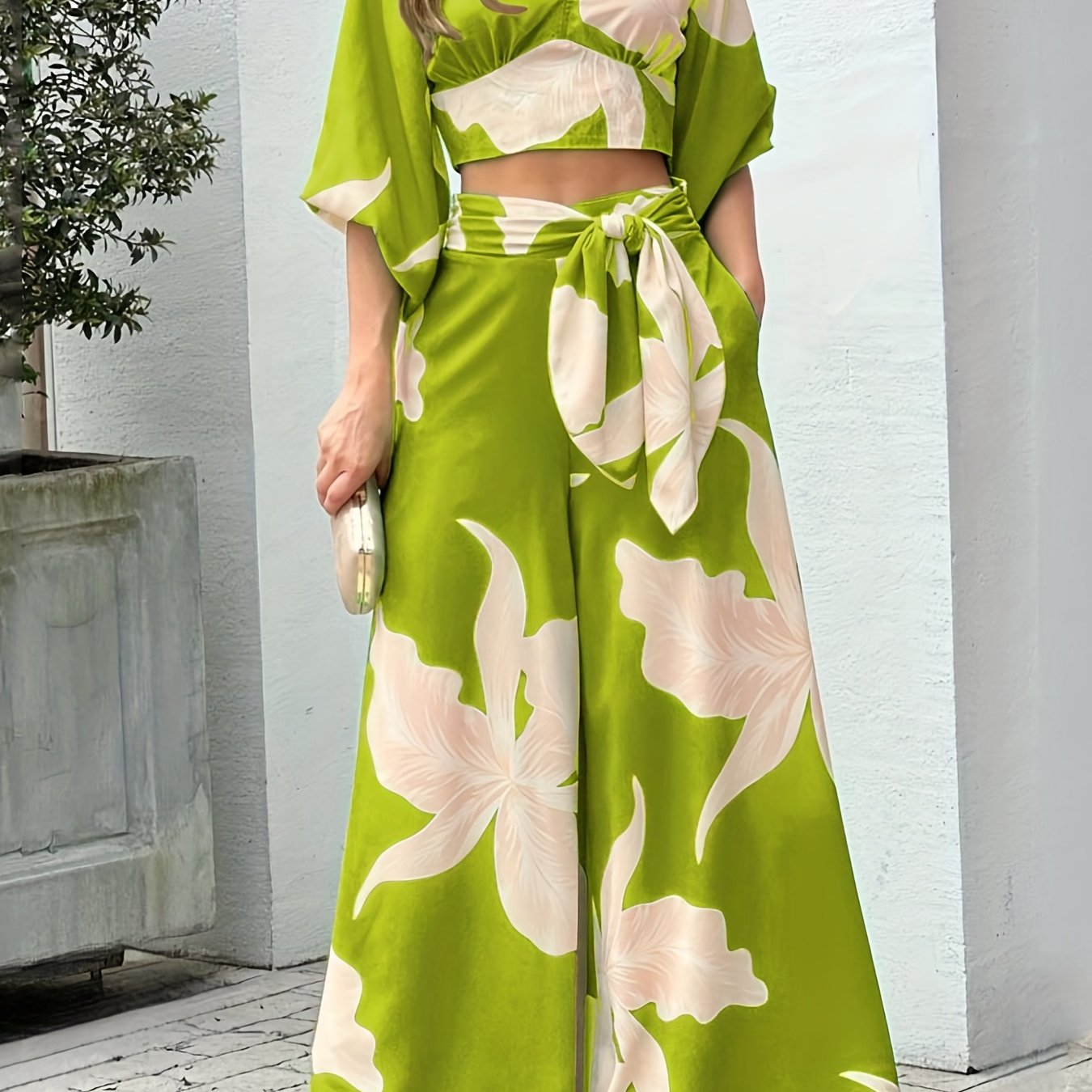 Floral Print V-neck Lace Up Suit, High Waist Wide Leg Pants And Lantern Sleeve V-neck Top Set, Women's Clothing