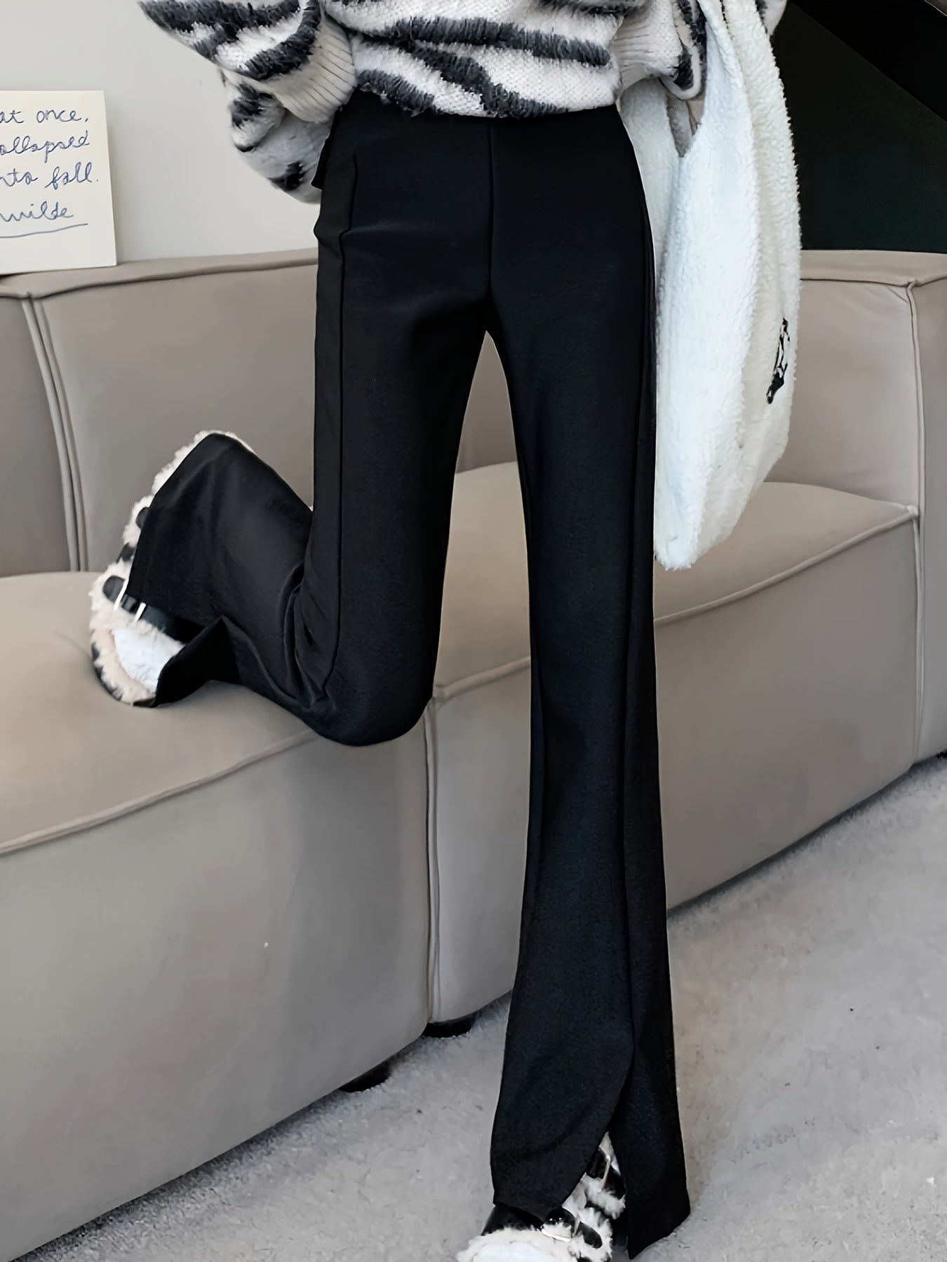 Sixsr Solid Split Flare Sleeve Pants, Casual High Waist Slim Pants For Fall & Winter, Women's Clothing