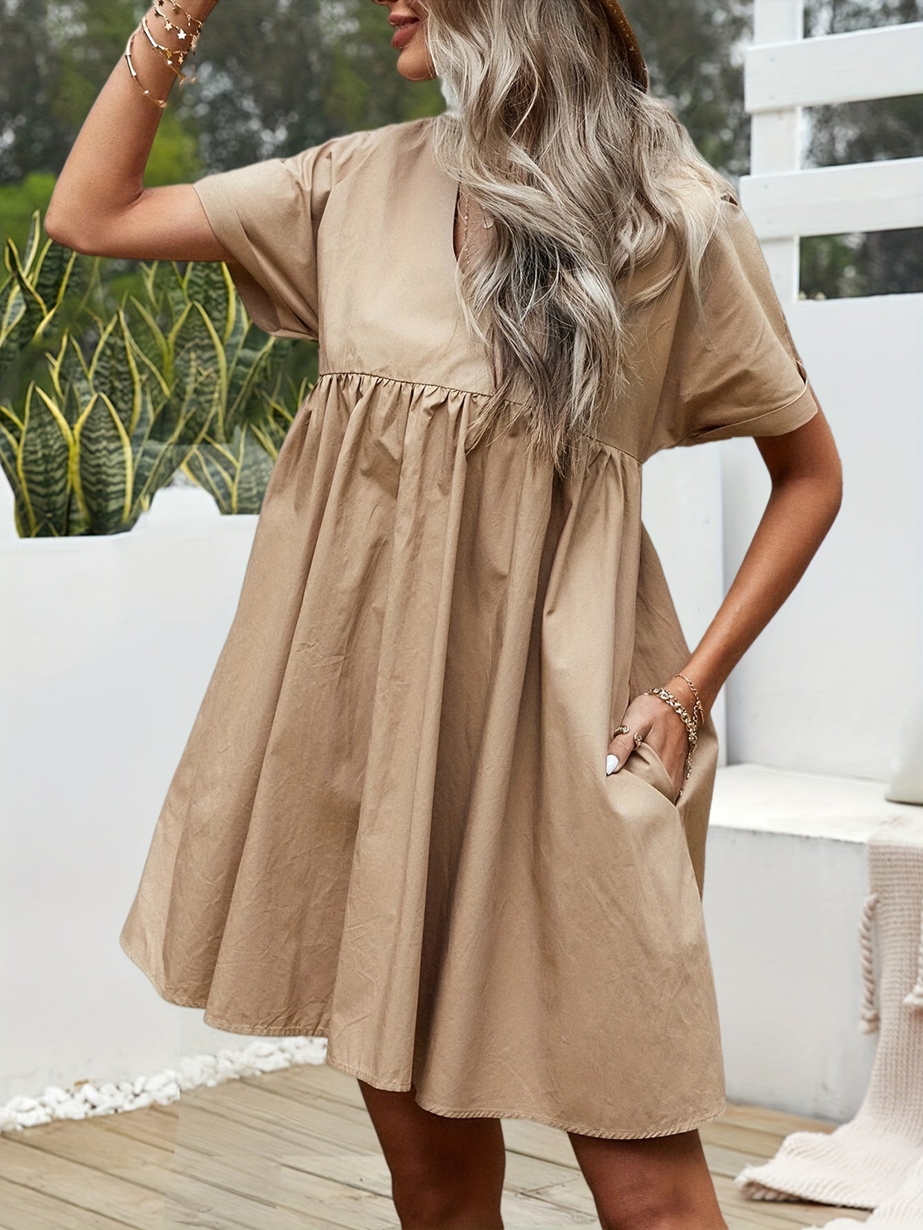 Sixsr Ruched Solid Mini Dress, Casual V Neck Short Sleeve Dress, Women's Clothing