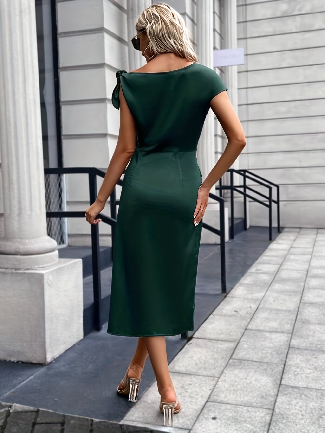 Sixsr Ruched Asymmetrical Knot Shoulder Dress, Casual Irregular Hem Dress For Spring & Summer, Women's Clothing