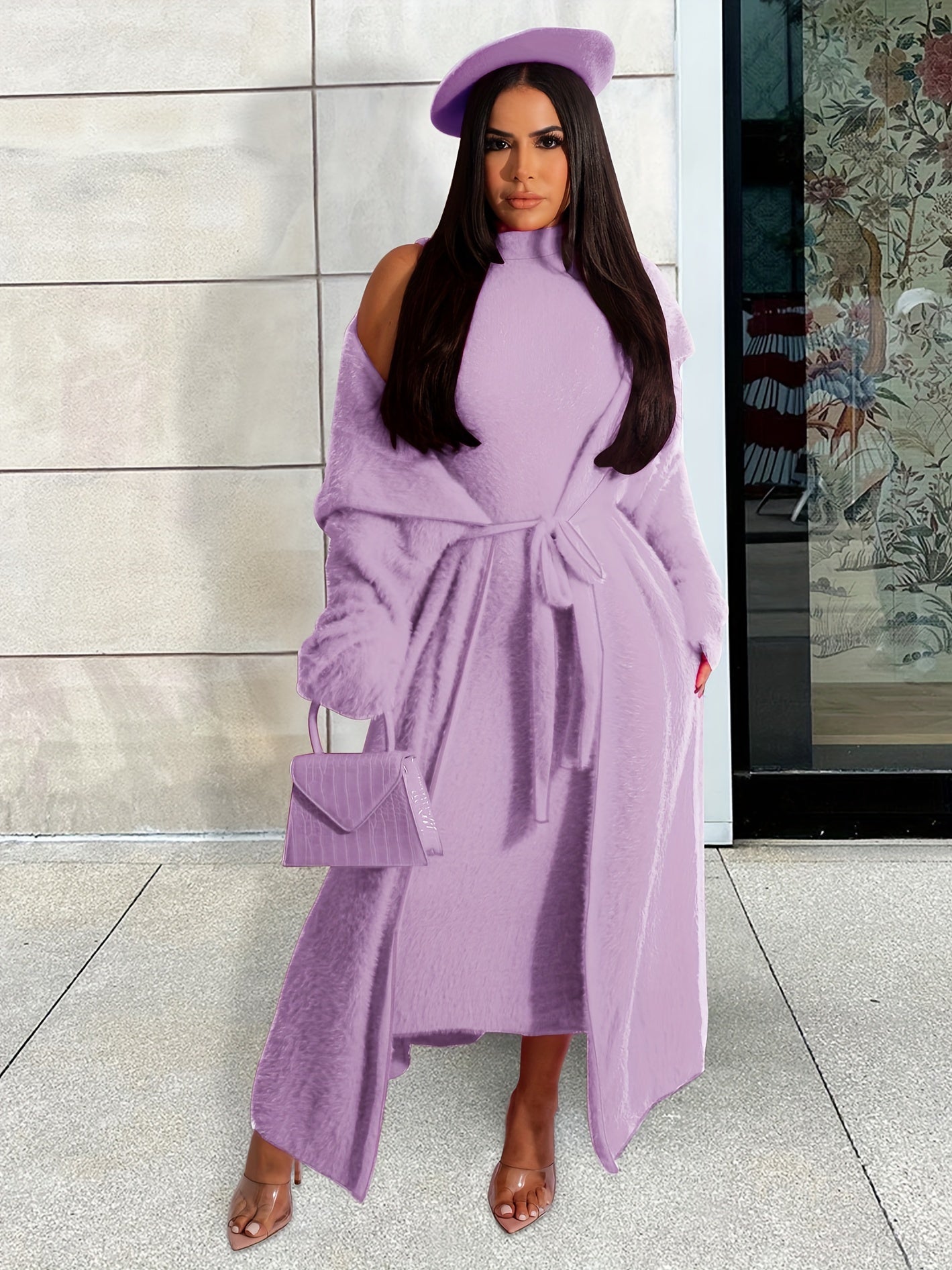 Sixsr Plus Size Elegant Outfits Set, Women's Plus Solid Flannel Long Sleeve Shawl Collar Cardigan & Mock Neck Tank Bodycon Midi Dress Outfits Two Piece Set