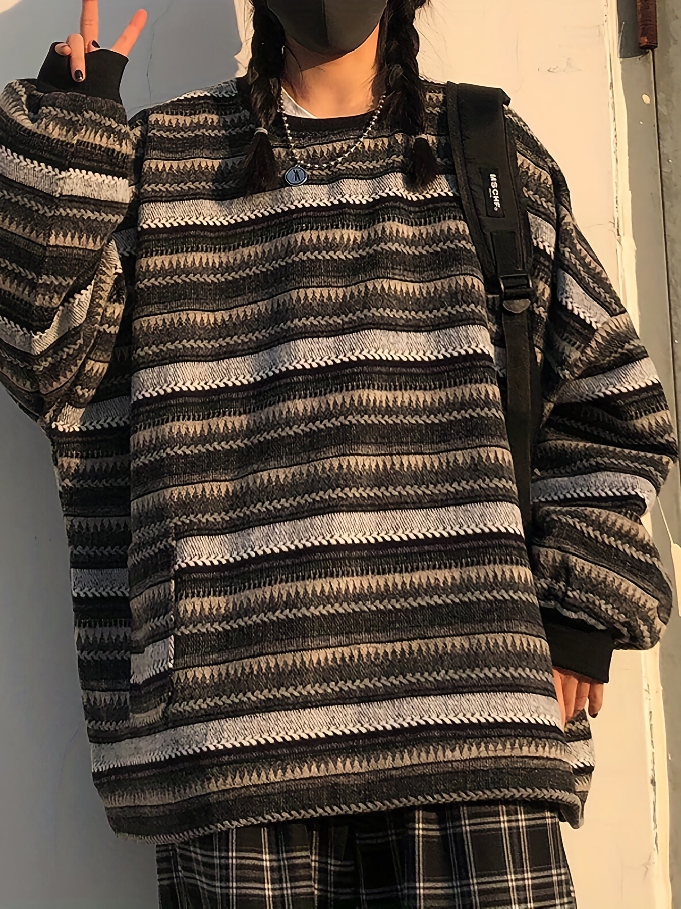 Sixsr Striped Drop Shoulder Sweatshirt, Casual Crew Neck Long Sleeve Pullover, Women's Clothing