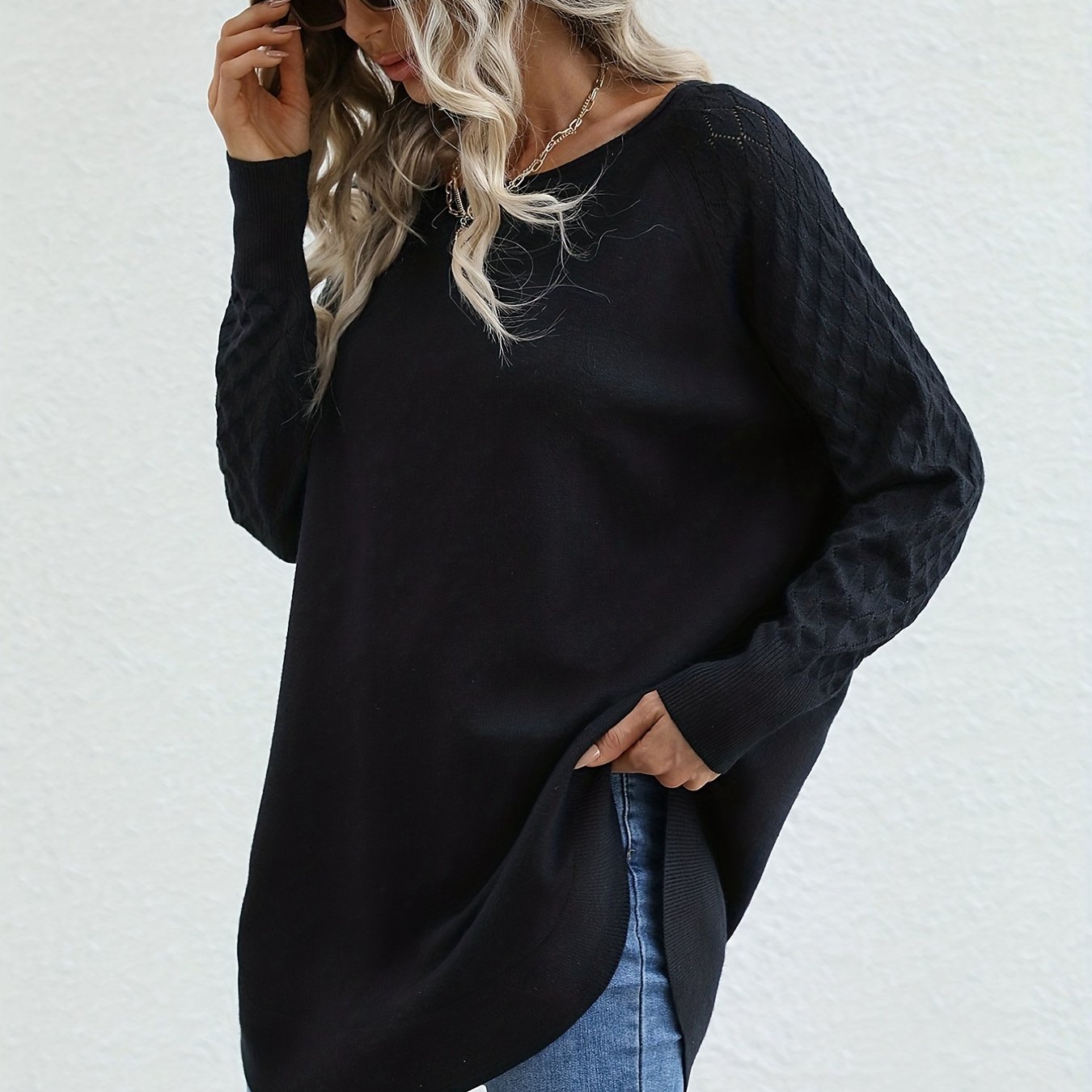 Sixsr Solid Crew Neck Slit Pullover Sweater, Casual Long Sleeve Sweater For Spring & Fall, Women's Clothing
