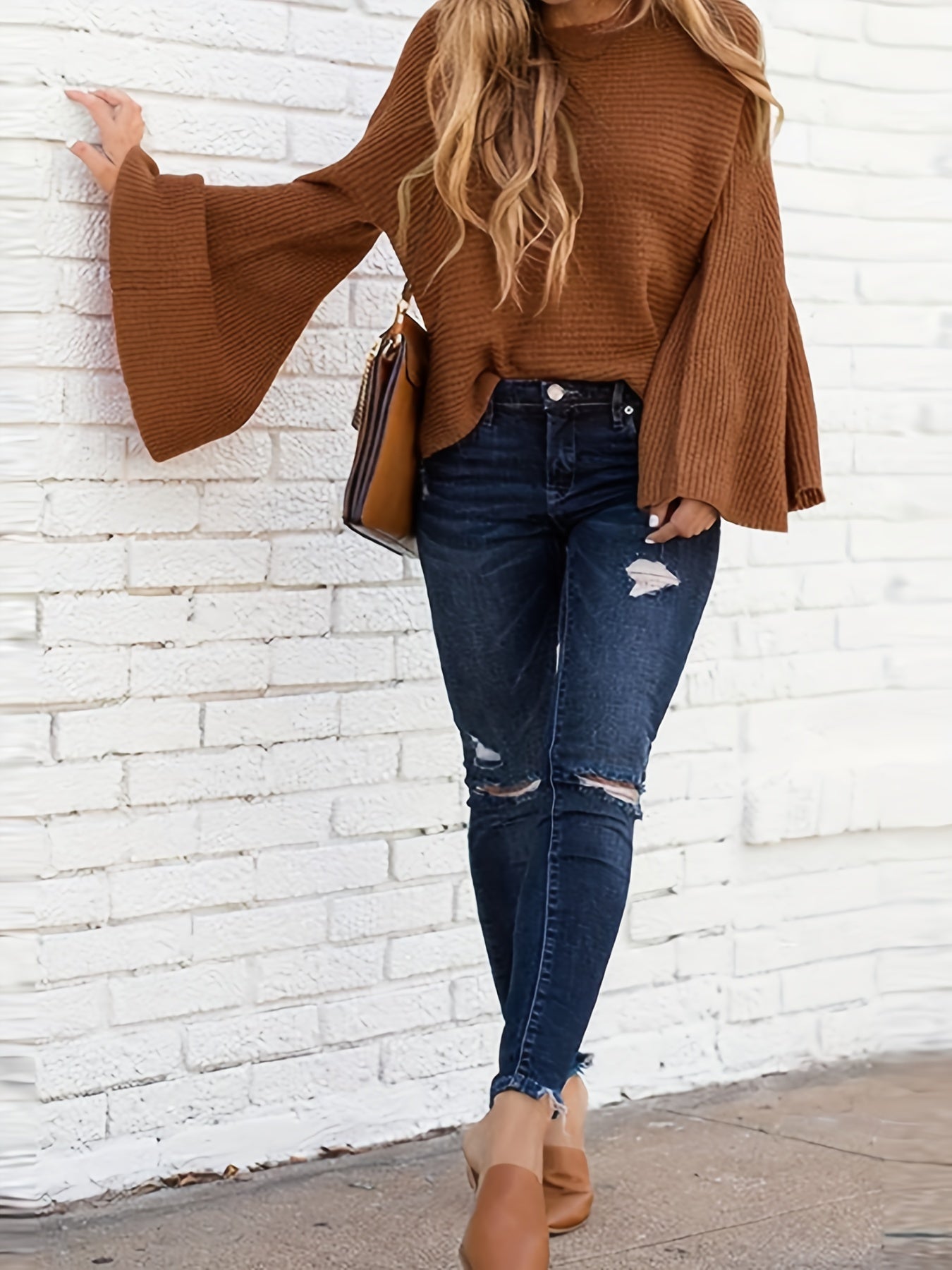 Sixsr Solid Crew Neck Loose Sweater, Casual Bell Sleeve Fashion Sweater, Women's Clothing