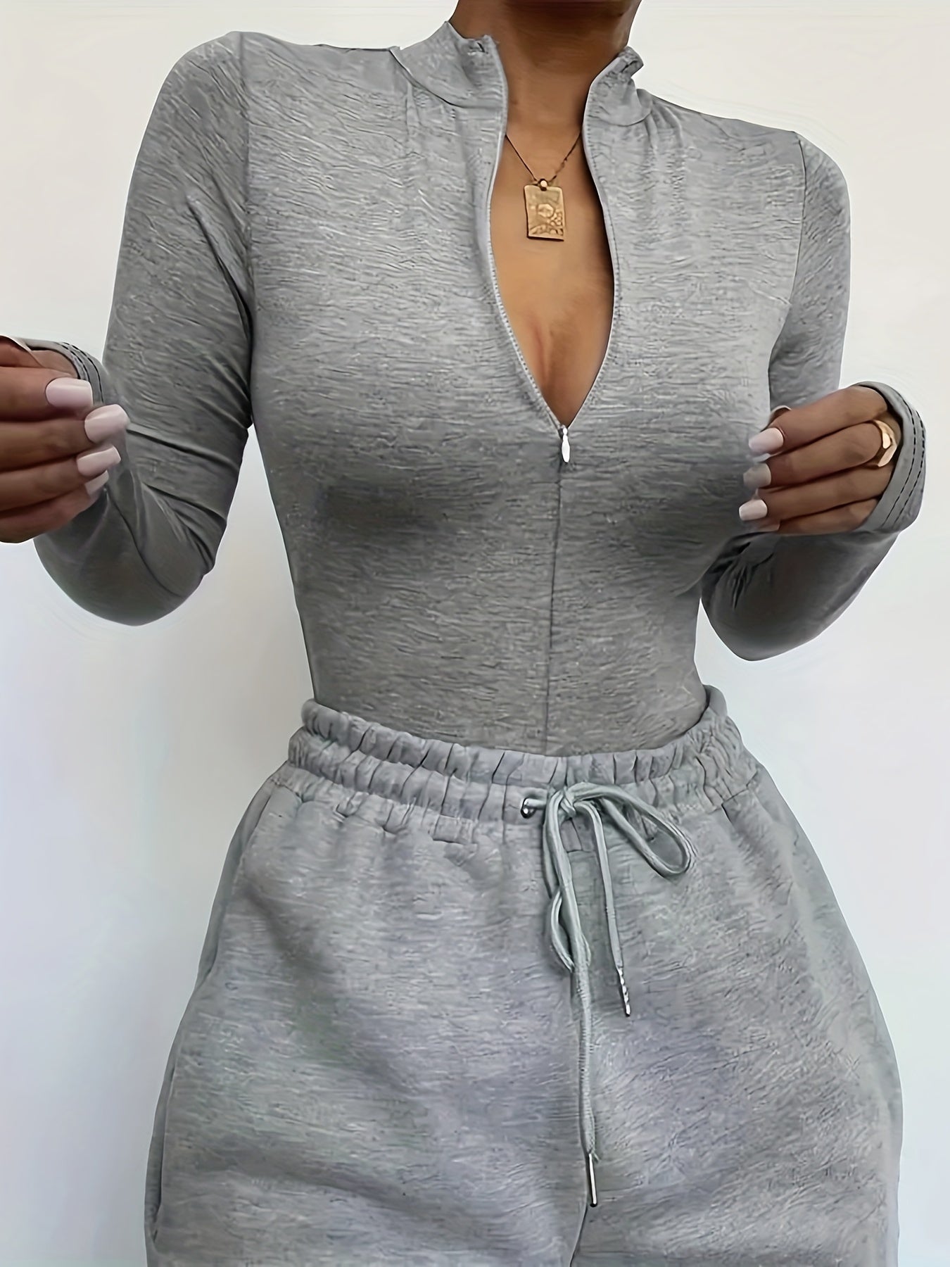 Solid Zip Up Mock Neck Bodysuit, Elegant Long Sleeve Slim Bodysuit, Women's Clothing