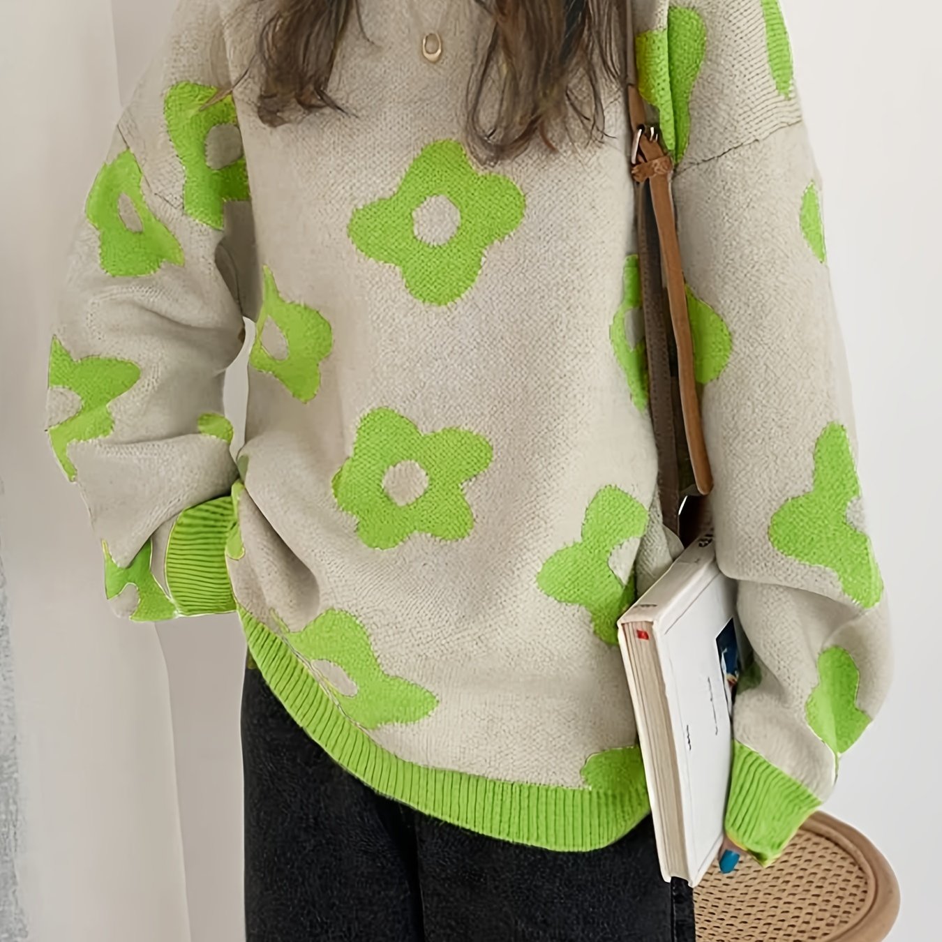 Sixsr Floral Pattern Crew Neck Pullover Sweater, Casual Long Sleeve Drop Shoulder Sweater, Women's Clothing