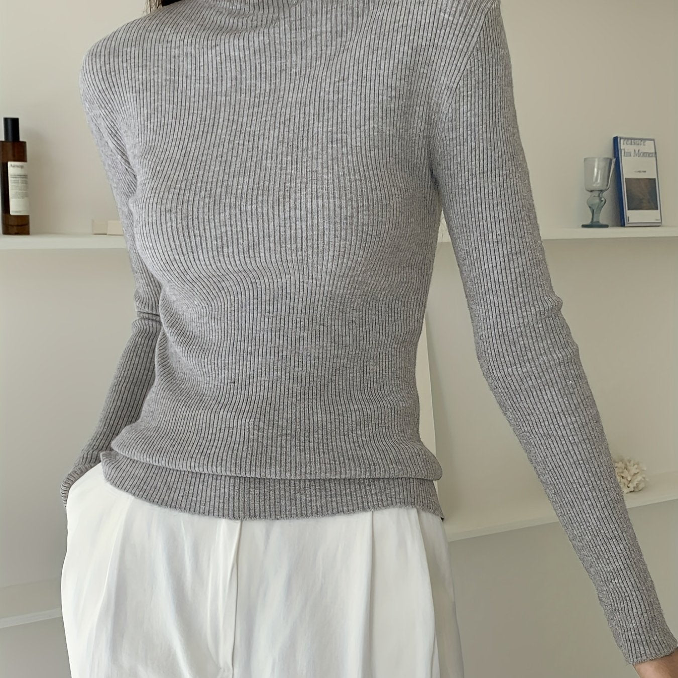 Sixsr Women's Sweater Turtleneck Solid Ribbed Long Sleeve Slim Pullover Knit Tops