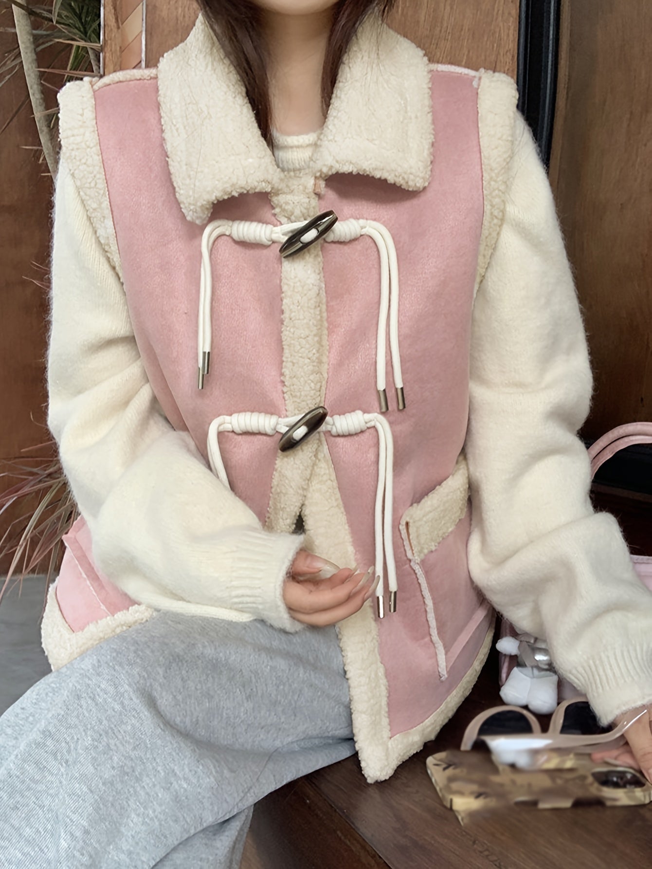 Sixsr Fuzzy Trim Solid Vest, Casual Buckle Front Sleeveless Warm Vest, Women's Clothing