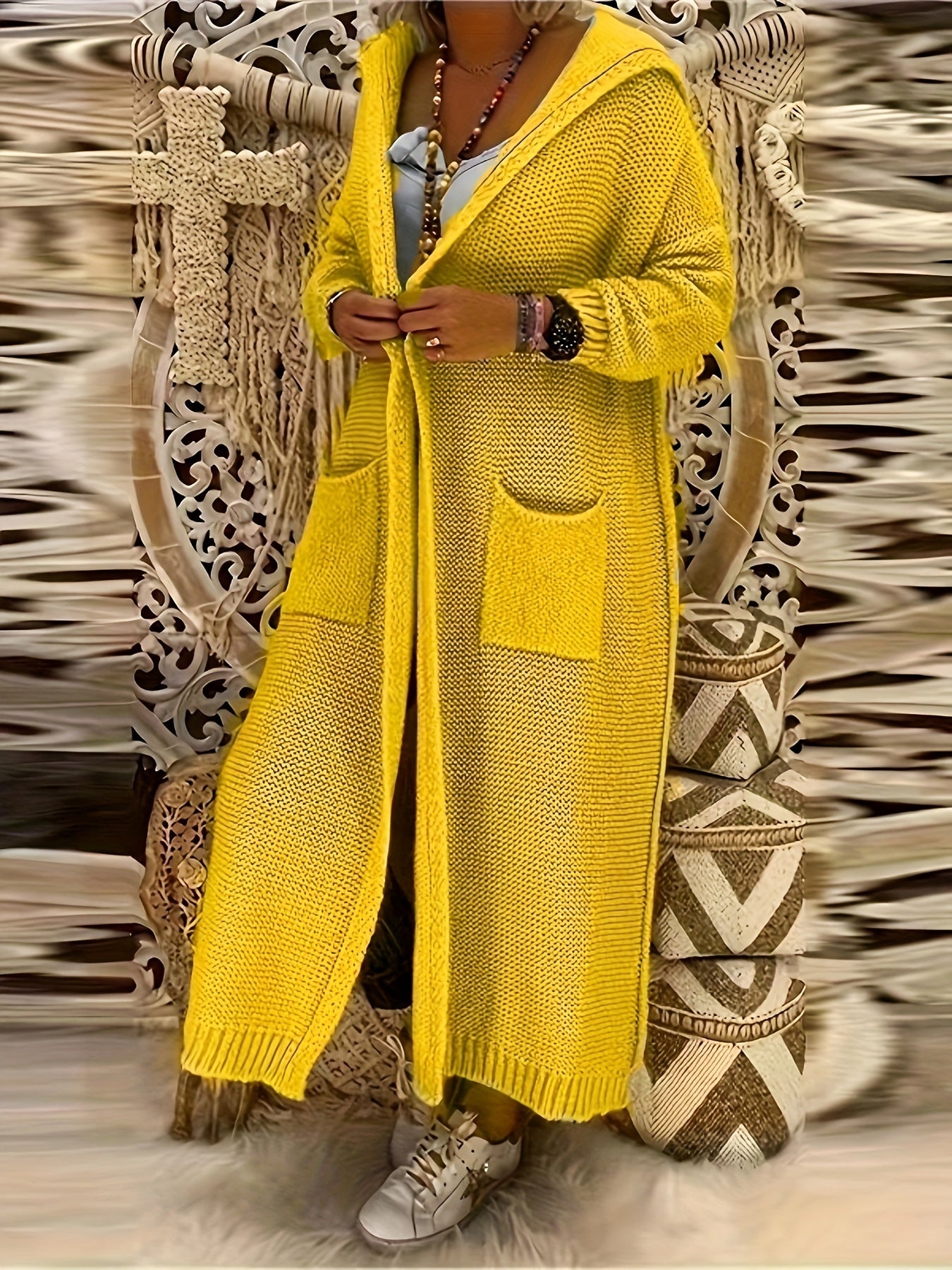 Sixsr Solid Open Front Hooded Knit Cardigan, Casual Long Sleeve Long Length Sweater With Pocket, Women's Clothing