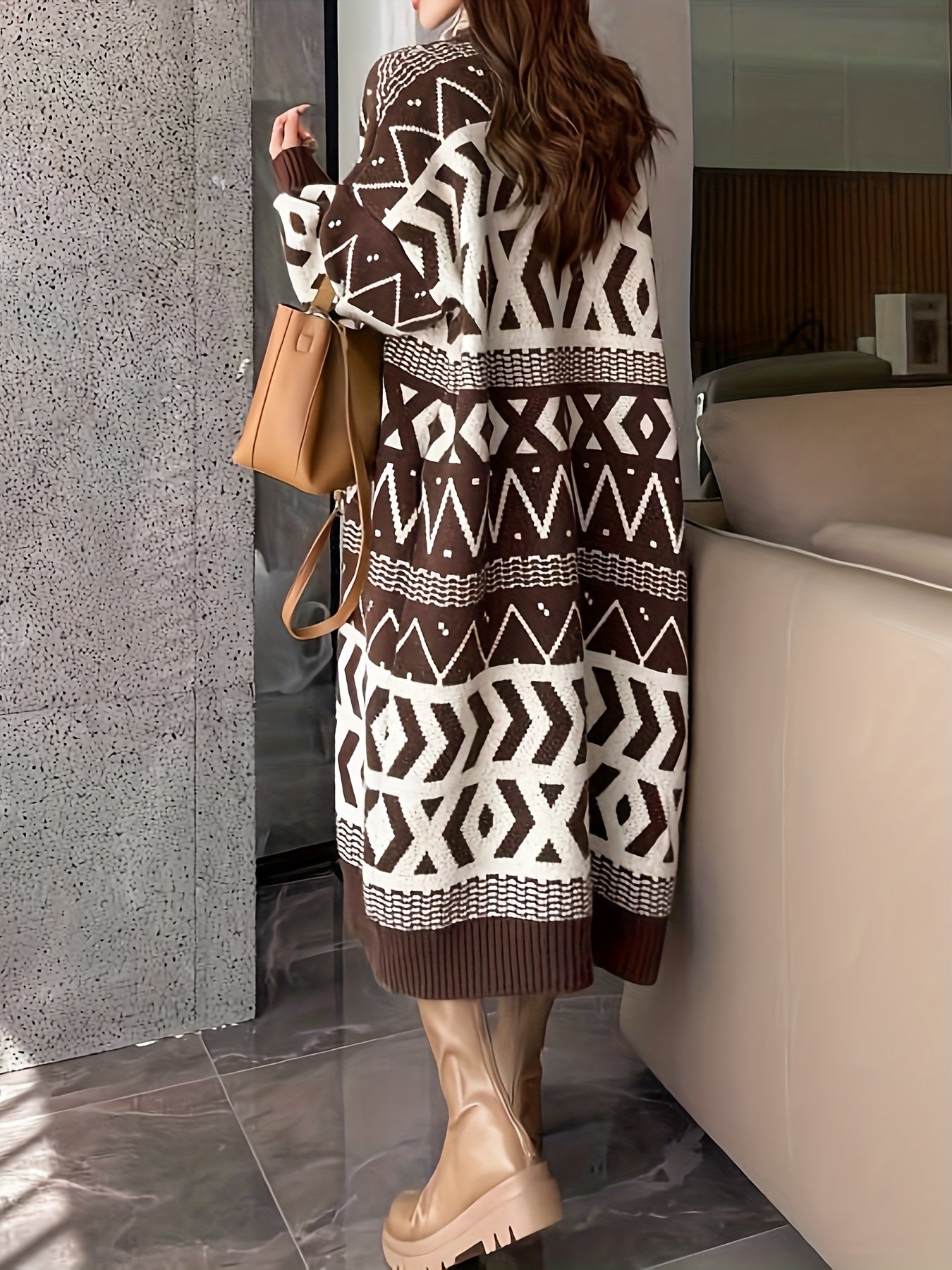 Sixsr Geo Pattern Open Front Knit Cardigan, Vintage Long Sleeve Mid Length Loose Sweater, Women's Clothing