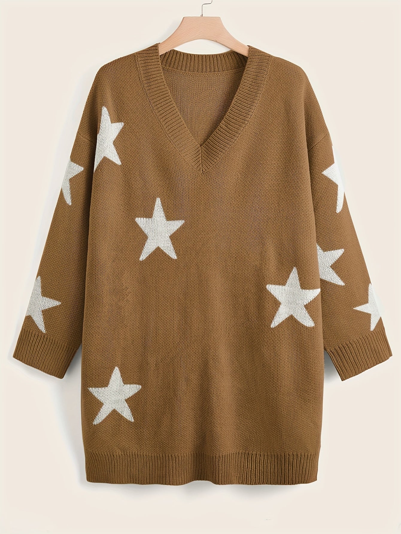 Sixsr Stars Print Sweater Dress, Casual V Neck Long Sleeve Mini Dress, Women's Clothing