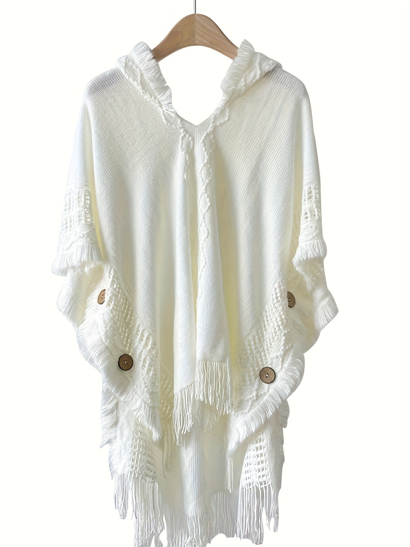Sixsr Solid Tassel Trim Hooded Cape Sweater, Casual Button Side Shawl Fashion Sweater, Women's Clothing