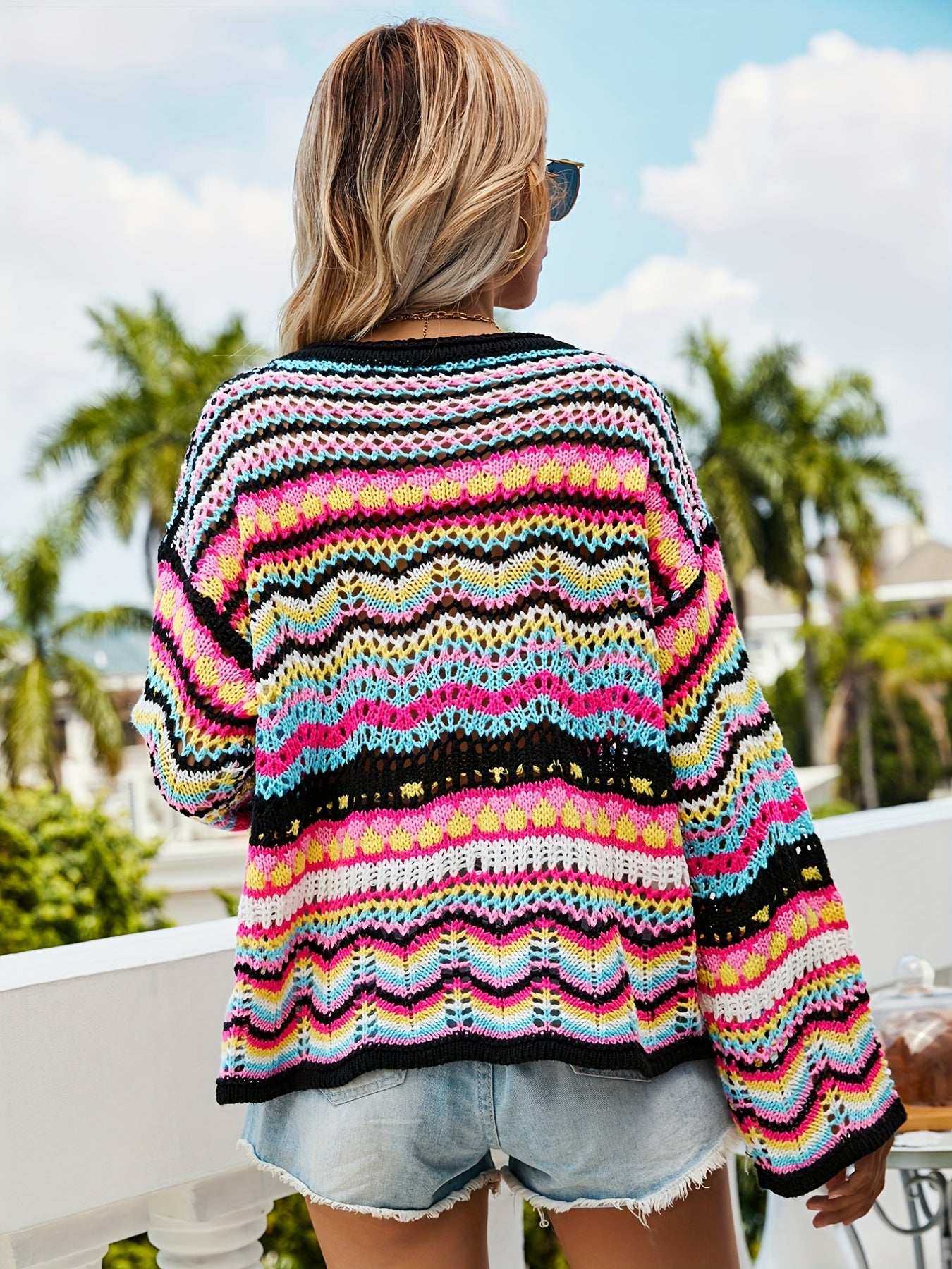 Sixsr Hollow Striped Knit Sweater, Casual Crew Neck Long Sleeve Sweater, Women's Clothing