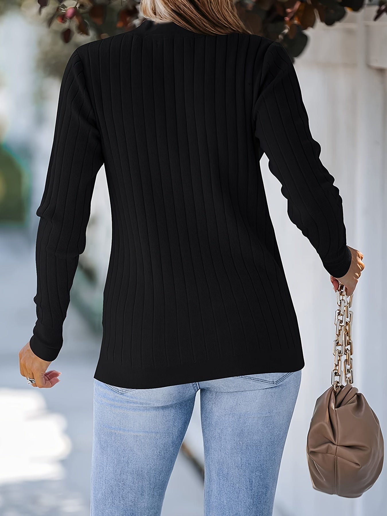 Sixsr Button Front V Neck Knit Sweater, Casual Long Sleeve Ribbed Sweater For Spring & Fall, Women's Clothing