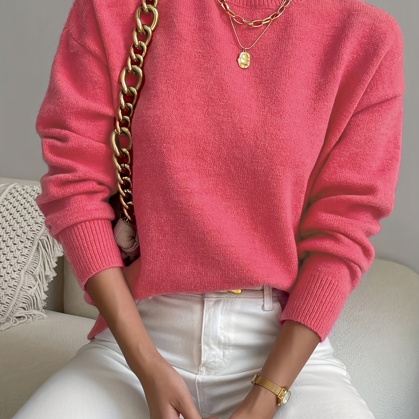 Sixsr Plus Size Casual Sweater, Women's Plus Solid Long Sleeve High Neck Medium Stretch Jumper