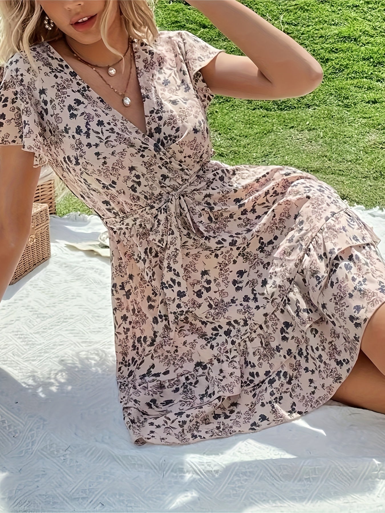 Floral Print A-line Tiered Dress, Casual Flutter Sleeve V Neck Dress, Women's Clothing