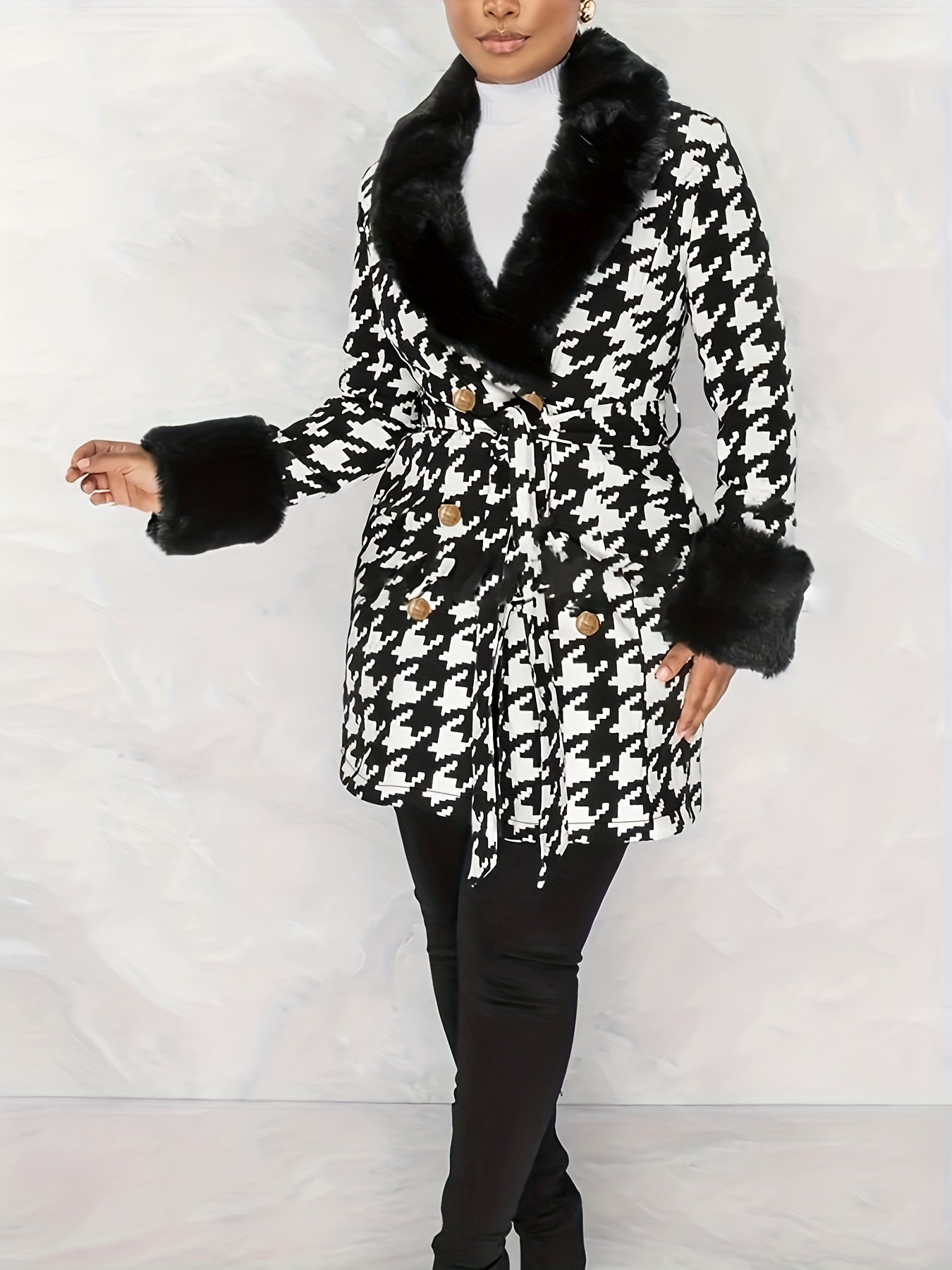 Sixsr Houndstooth Faux-Fur Trim Outwear, Elegant Double Breasted Long Sleeve Belted Coat For Winter, Women's Clothing