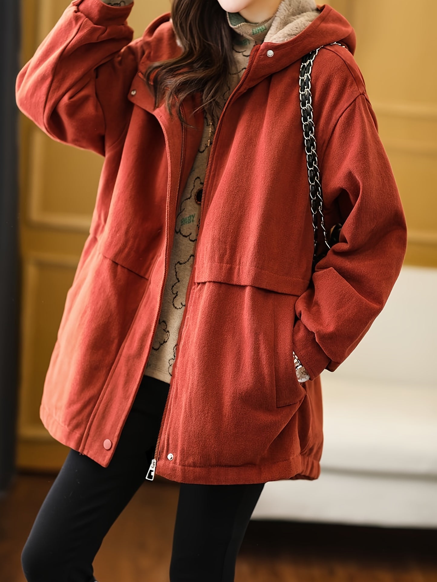 Sixsr Solid Zipper Pockets Hooded Coat, Versatile Long Sleeve Warm Outwear For Fall & Winter, Women's Clothing