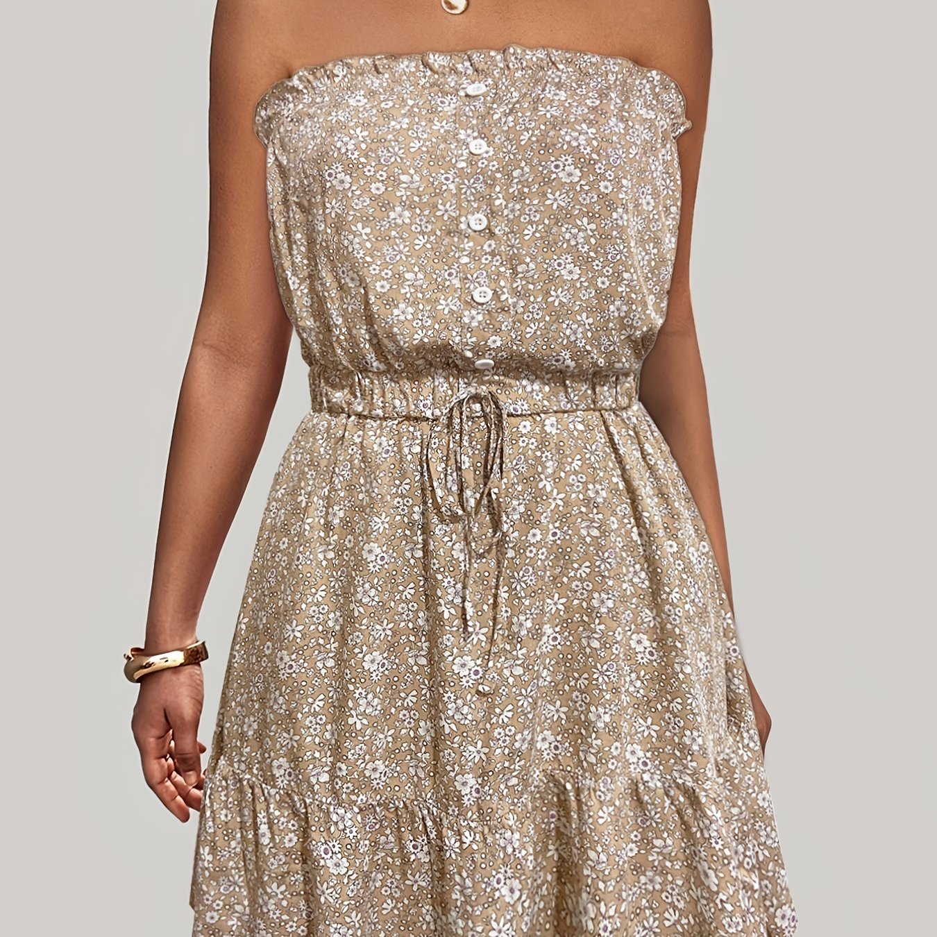 Sixsr Ditsy Floral Off Shoulder Dress, Sexy Sleeveless Drawstring Summer Dress, Women's Clothing